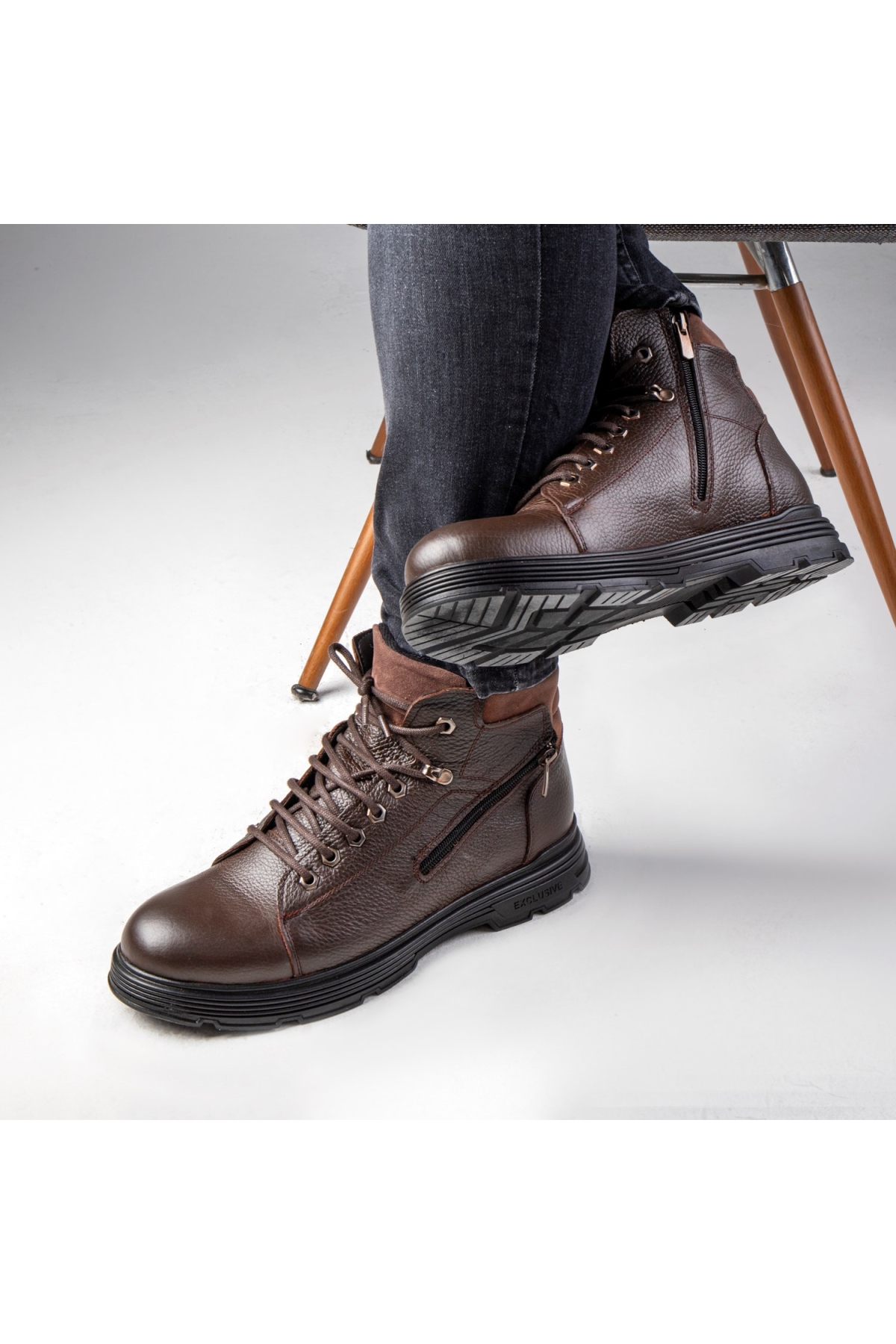 Ankle Hakiki Deri Bağcıklı Kauçuk Taban Erkek Bot, Fermuarlı Bot - Görsel 6