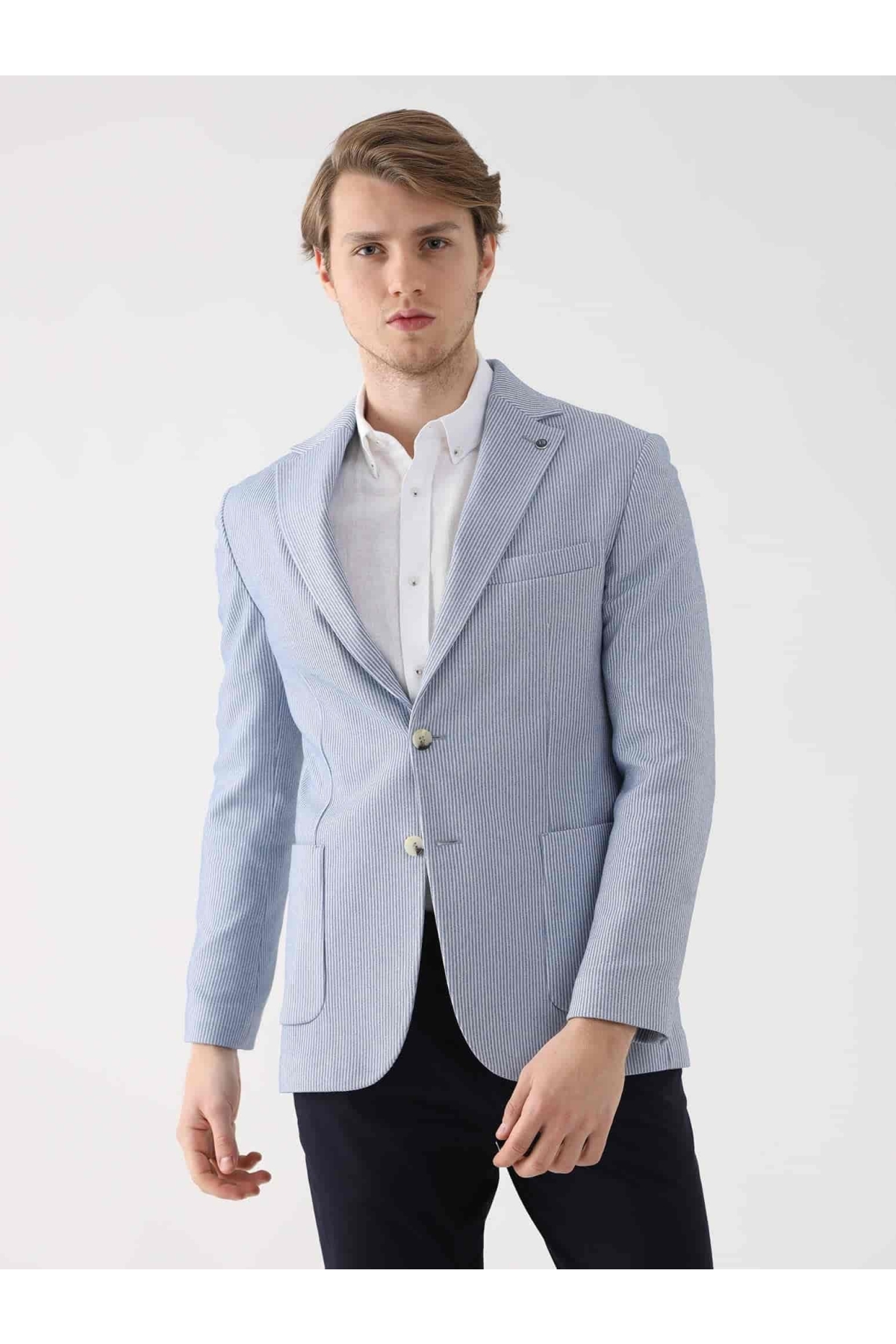 İndigo Erkek Slim Fit Çizgili Mono Yaka Ceket - 94960