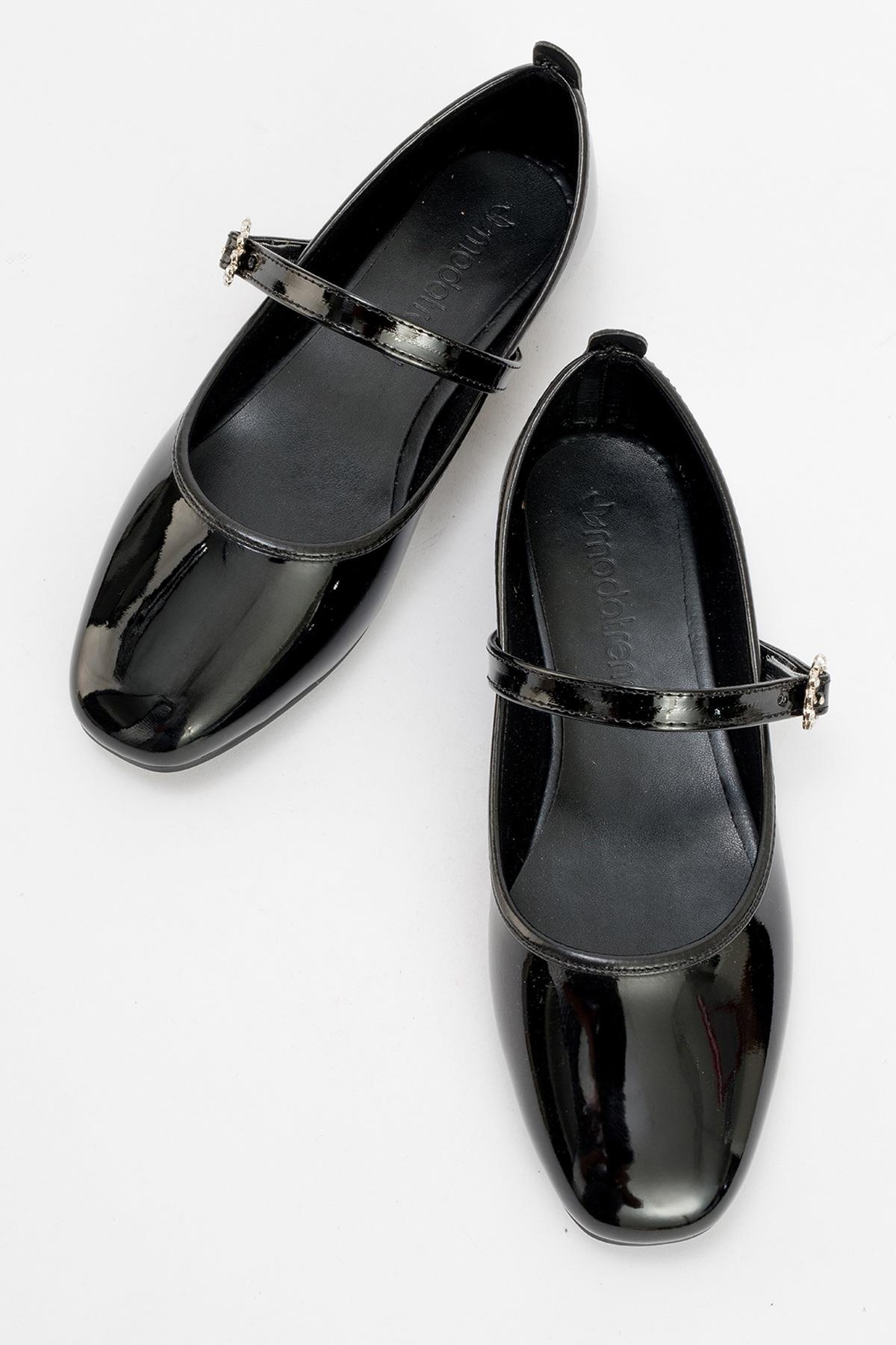 Kadın Kemerli Taşlı Küt Burunlu Babet SİYAH RUGAN - Görsel 6