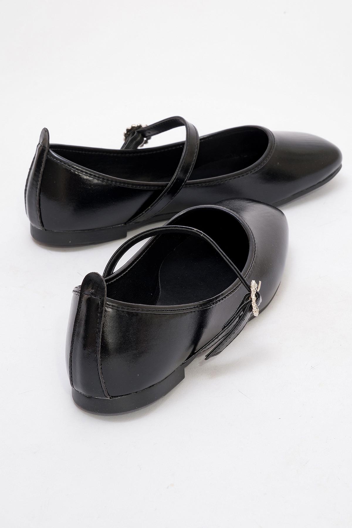 Kadın Kemerli Taşlı Küt Burunlu Babet SİYAH KIRIŞIK - Görsel 4