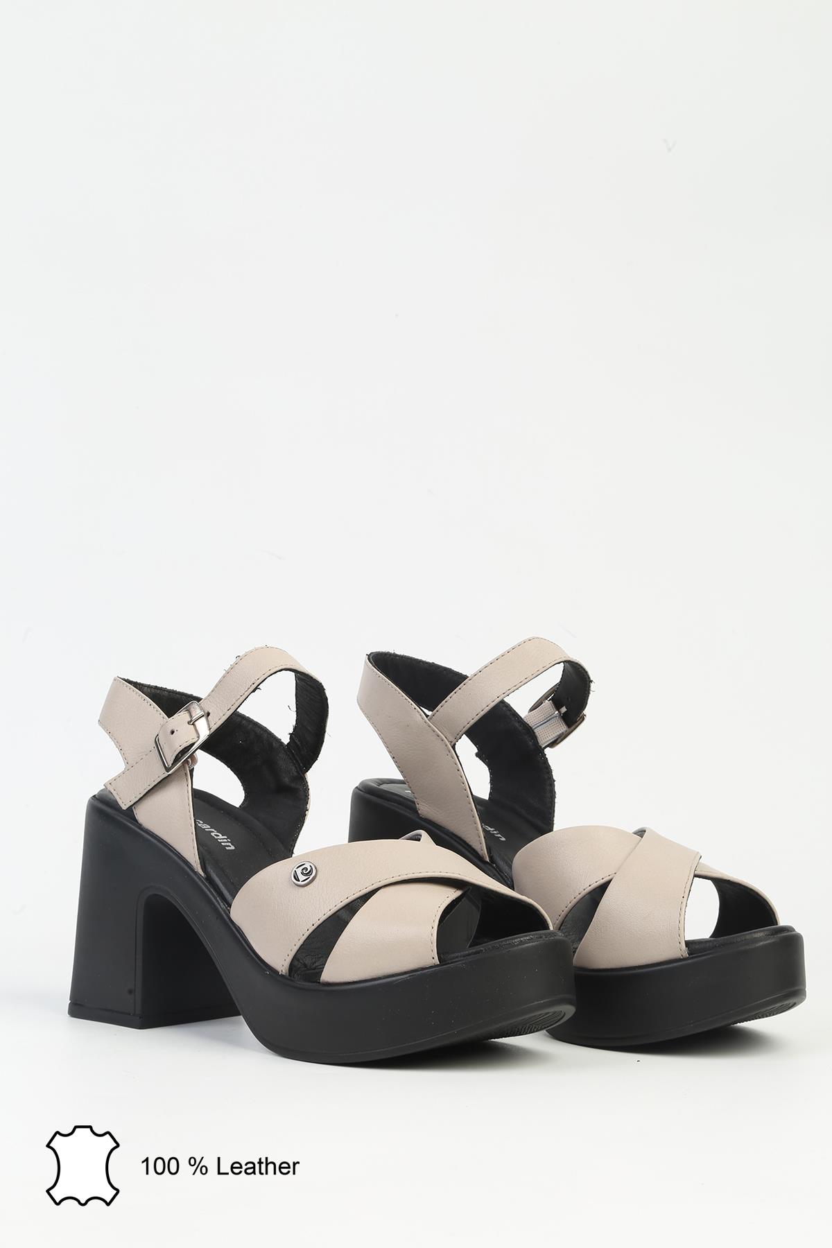 Bej Kadın Deri Topuklu Ayakkabı PCK-5027 - Görsel 3