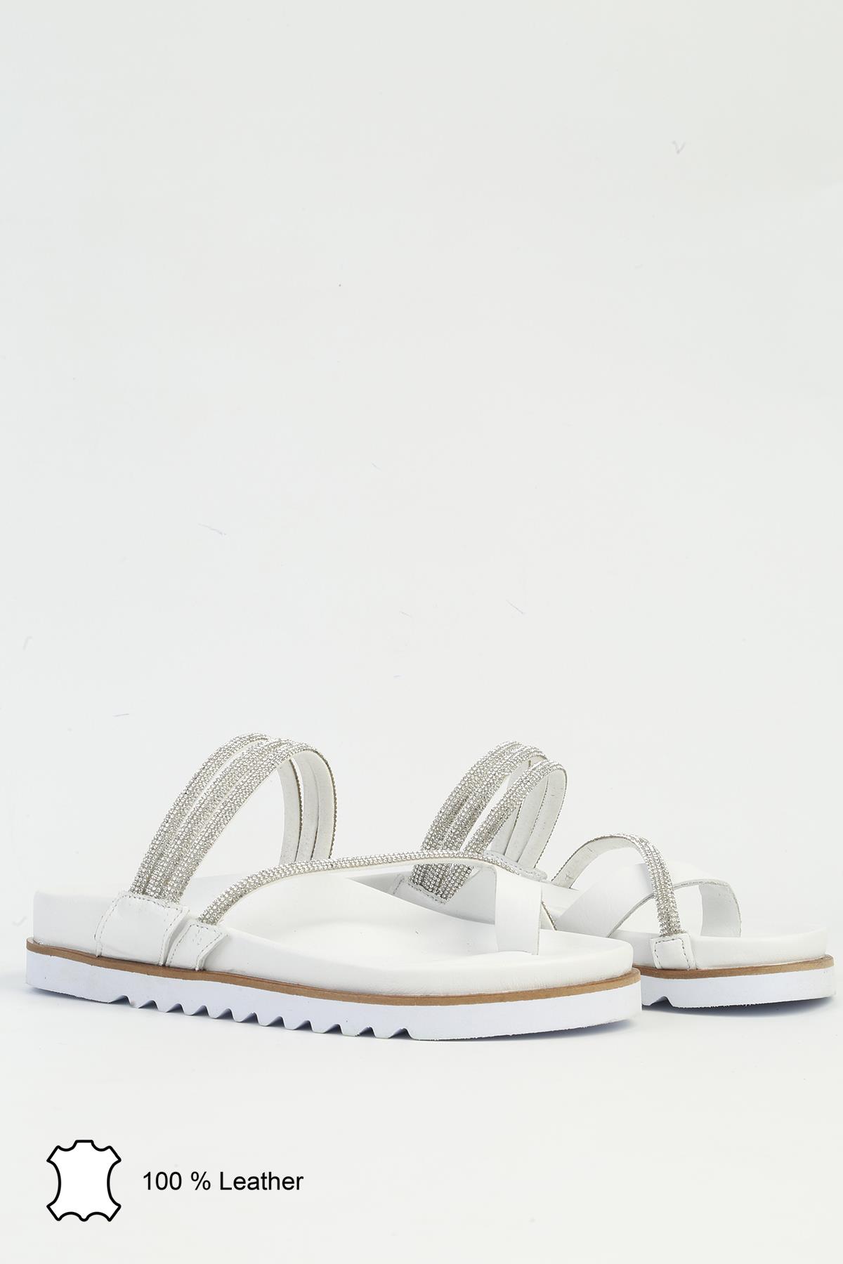 Kadın Beyaz Deri Taşlı Terlik PCK-5000 - Görsel 3