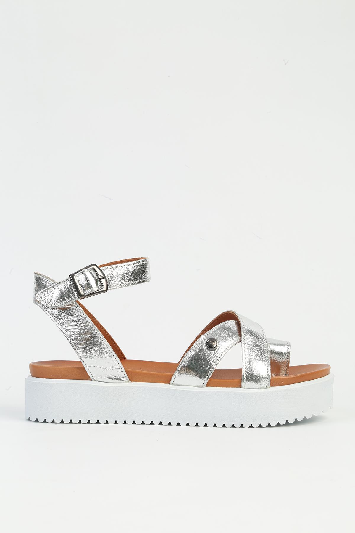 Gümüş Kadın Deri Sandalet PCK-5004 - Görsel 2