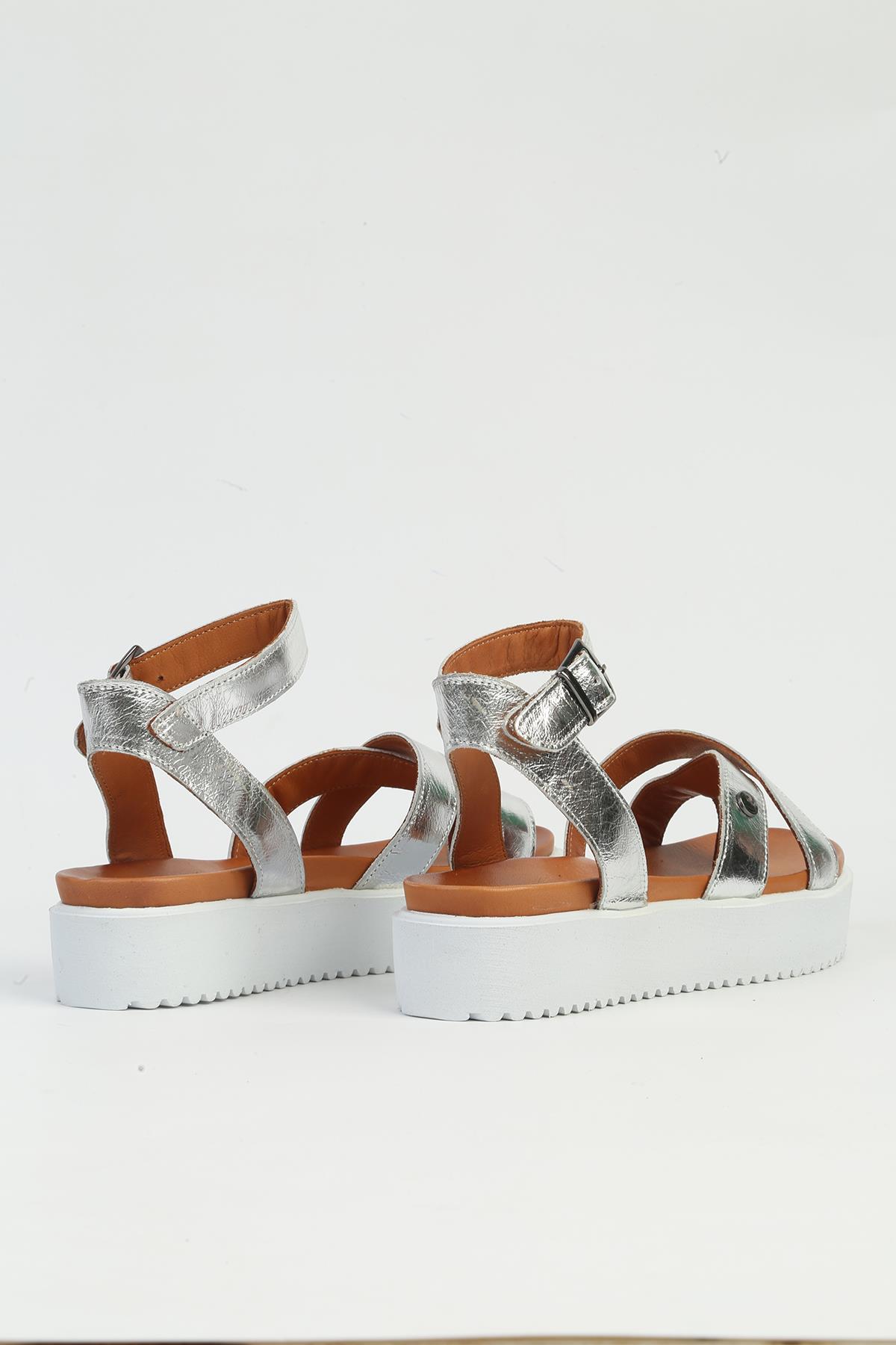 Gümüş Kadın Deri Sandalet PCK-5004 - Görsel 4
