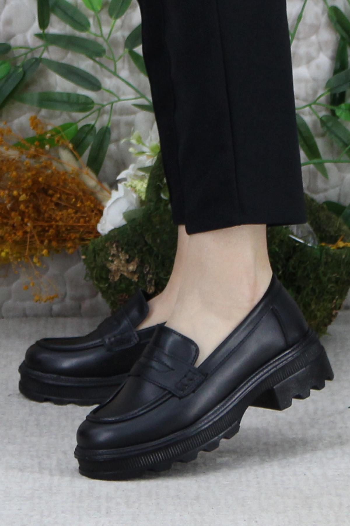 429003 Siyah Rahat Kalın Taban Loafer Kadın Ayakkabı - Görsel 4