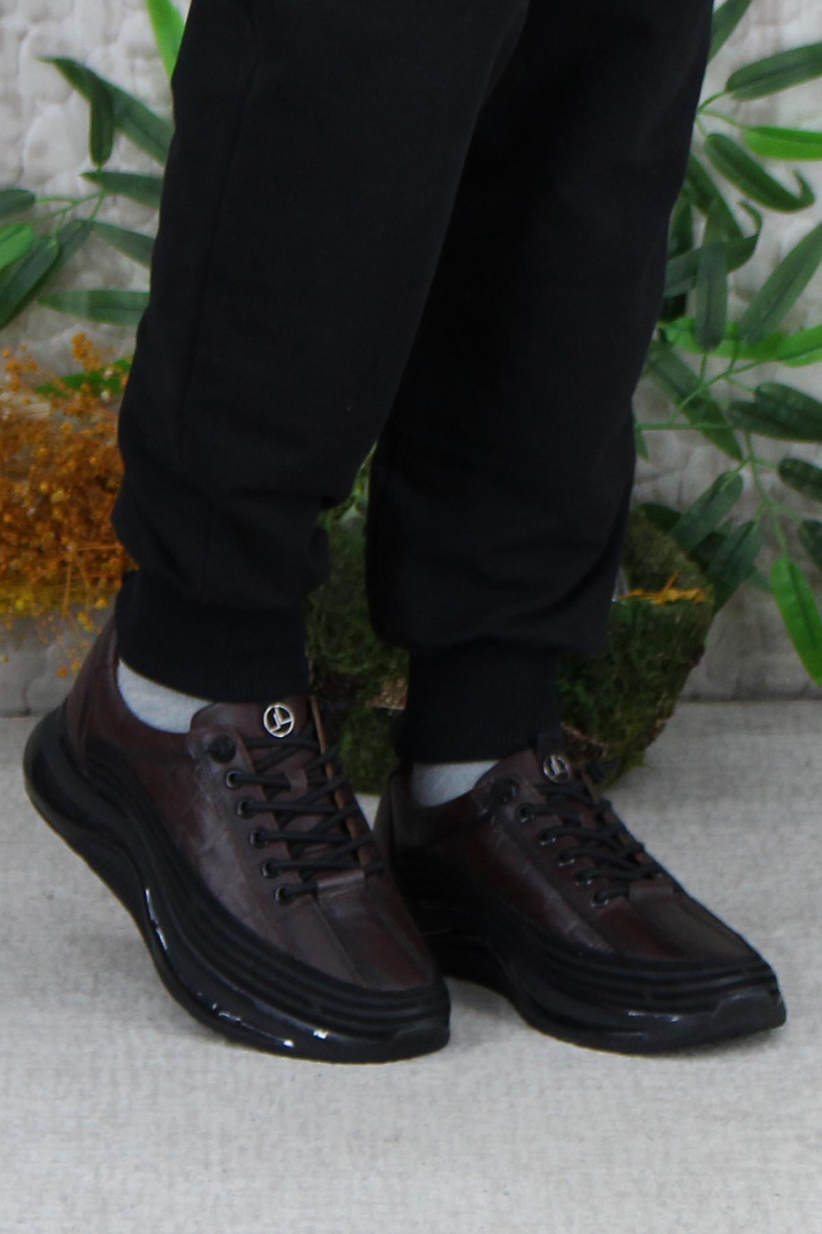 2402 Kahve Rahat Lastik Bağcıklı Hakiki Deri Erkek Ayakkabı - Görsel 3