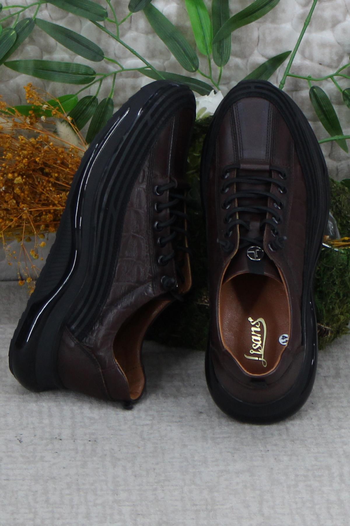 2402 Kahve Rahat Lastik Bağcıklı Hakiki Deri Erkek Ayakkabı - Görsel 5