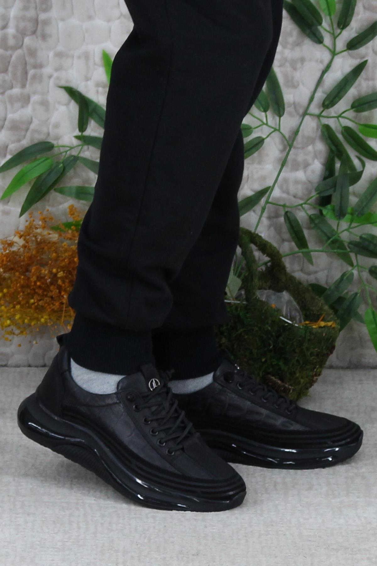 2402 Siyah Rahat Lastik Bağcıklı Hakiki Deri Erkek Ayakkabı - Görsel 2