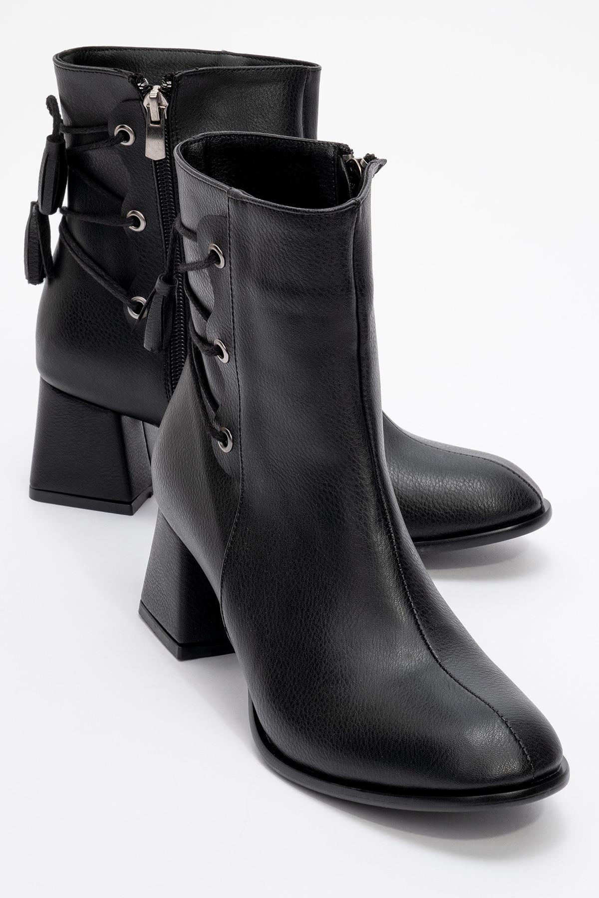 Bağcık Detaylı Fermuarlı Kadın Topuklu Bot SİYAH CİLT - Görsel 2