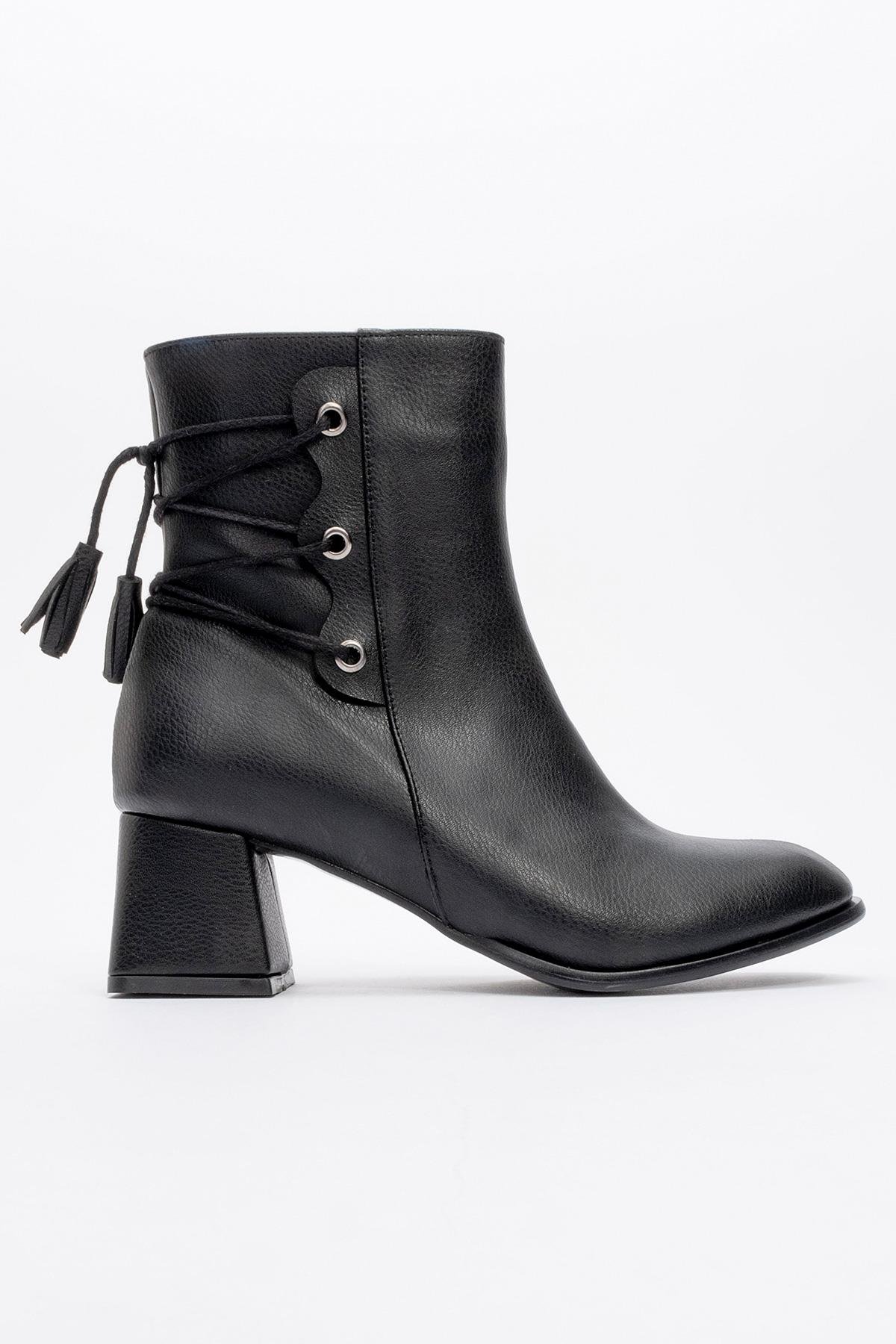 Bağcık Detaylı Fermuarlı Kadın Topuklu Bot SİYAH CİLT - Görsel 3