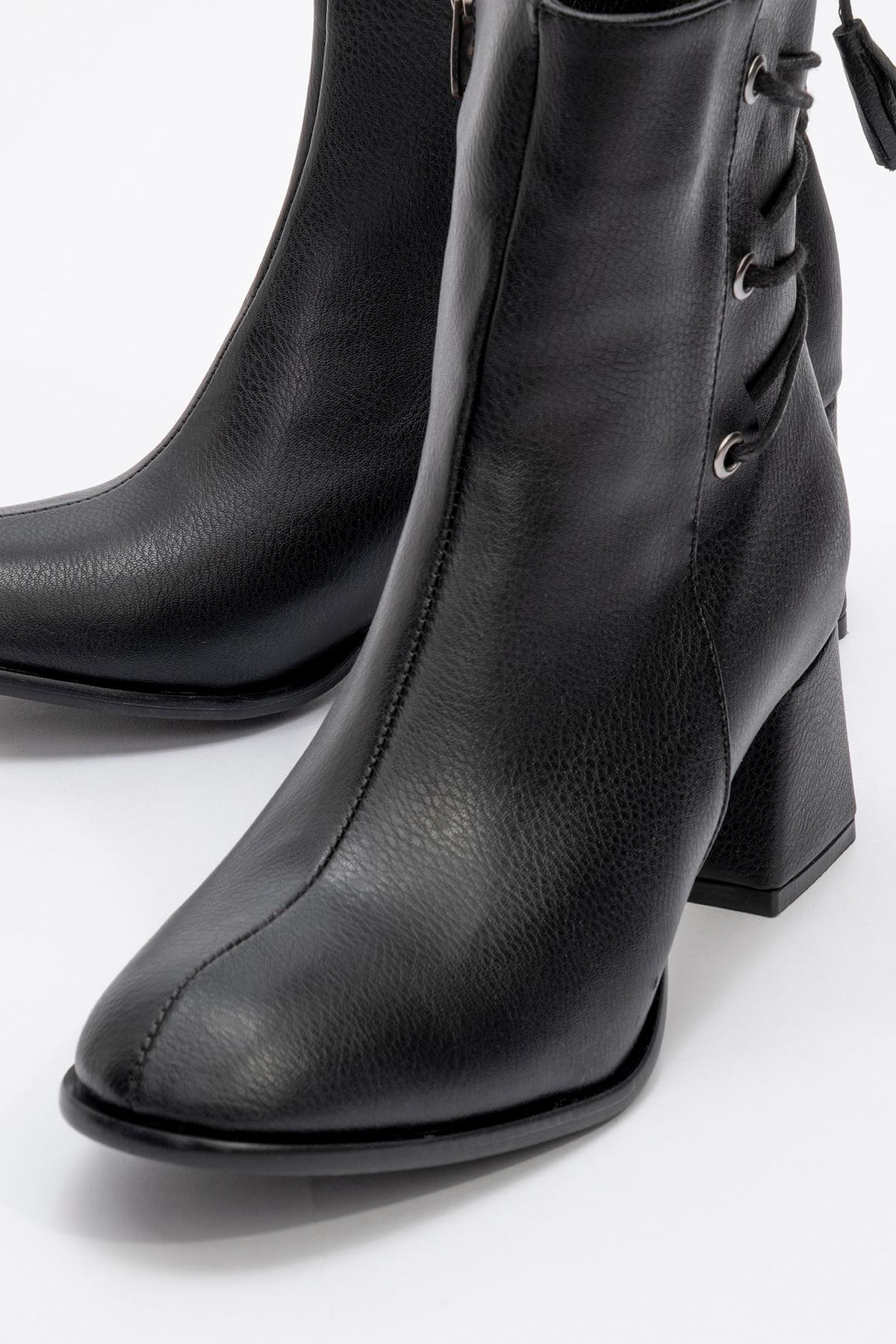 Bağcık Detaylı Fermuarlı Kadın Topuklu Bot SİYAH CİLT - Görsel 4
