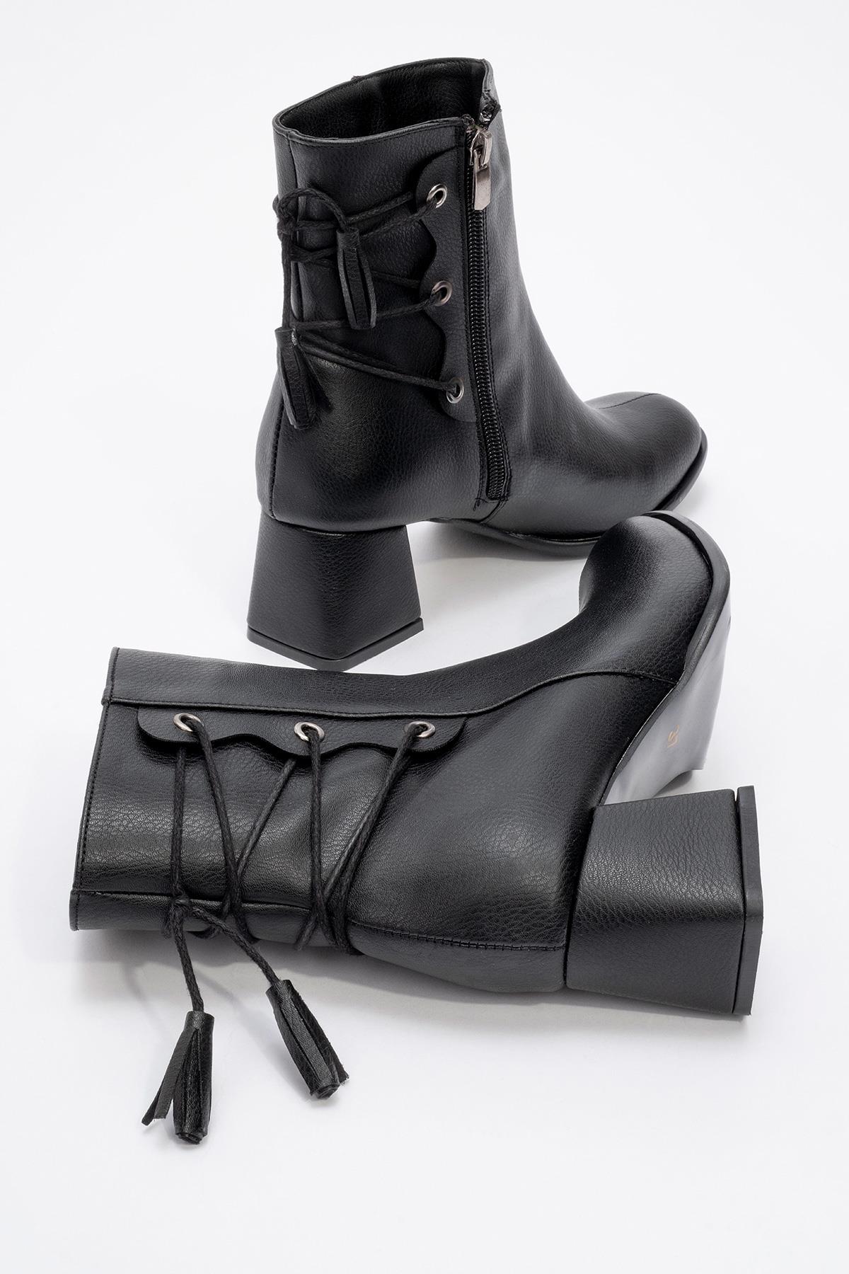 Bağcık Detaylı Fermuarlı Kadın Topuklu Bot SİYAH CİLT - Görsel 5