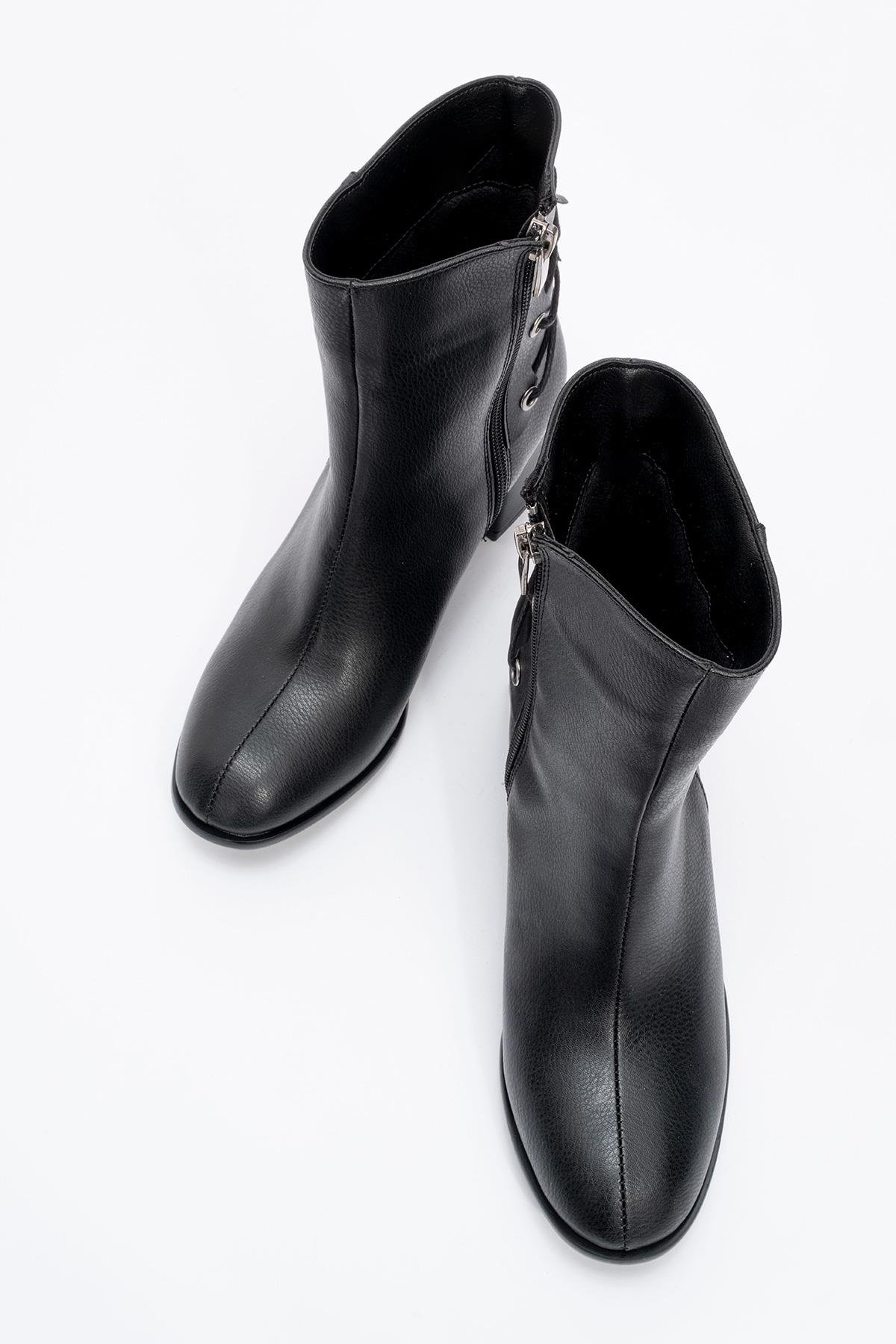 Bağcık Detaylı Fermuarlı Kadın Topuklu Bot SİYAH CİLT - Görsel 6