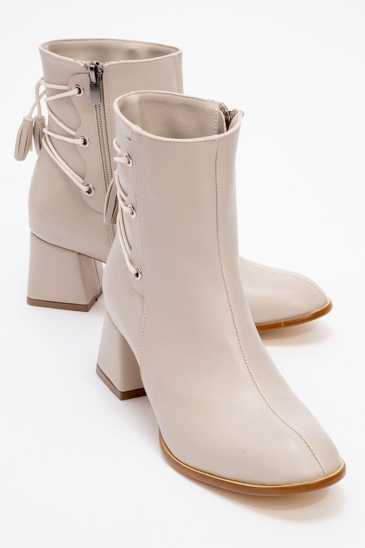 Bağcık Detaylı Fermuarlı Kadın Topuklu Bot BEJ CİLT - Görsel 2