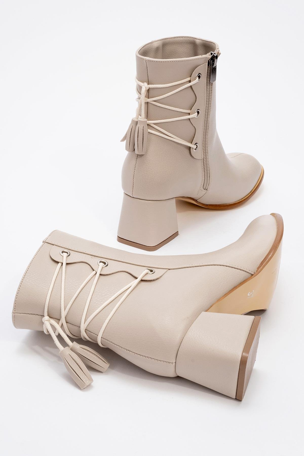 Bağcık Detaylı Fermuarlı Kadın Topuklu Bot BEJ CİLT - Görsel 5