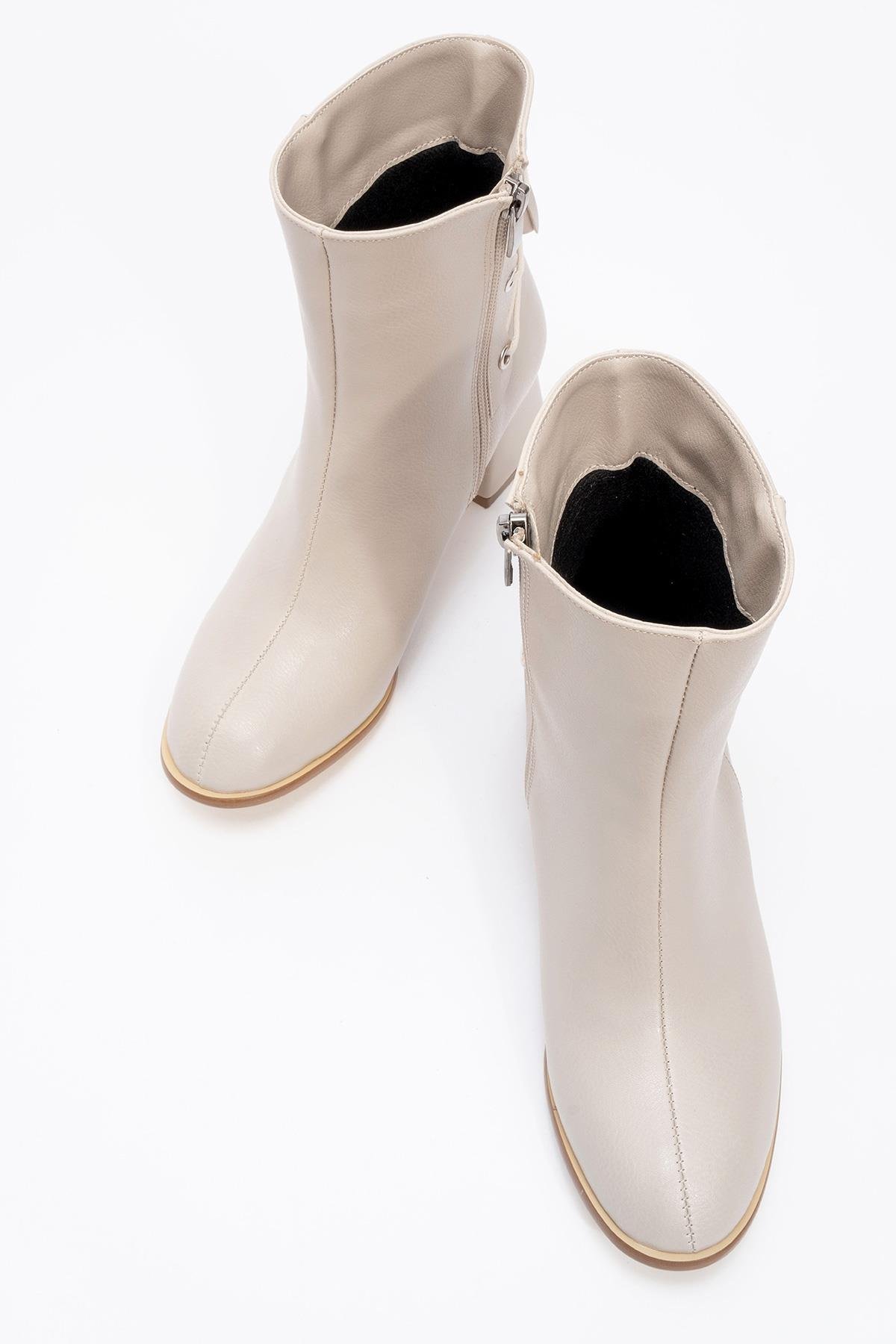 Bağcık Detaylı Fermuarlı Kadın Topuklu Bot BEJ CİLT - Görsel 6