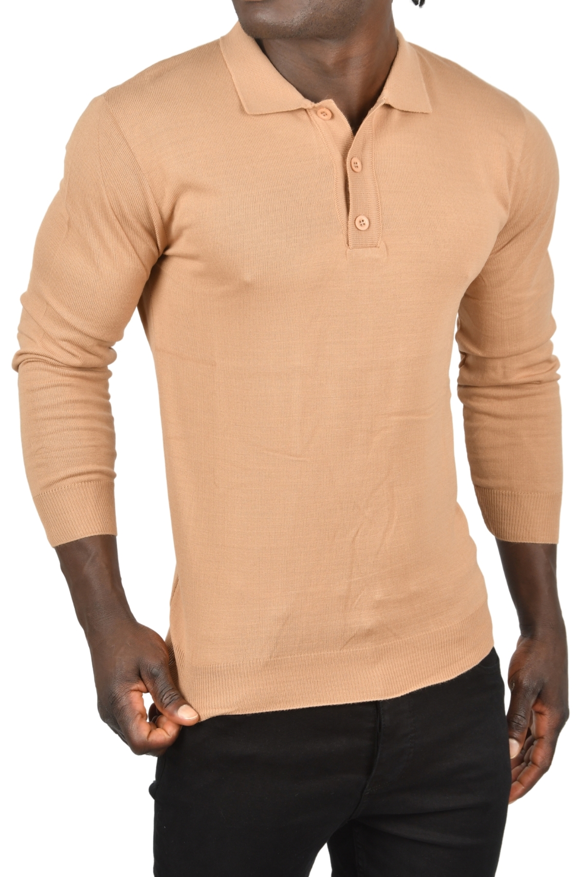 DeepSEA Erkek Camel Slim Fit Polo Yaka İnce Triko Kazak 2505500