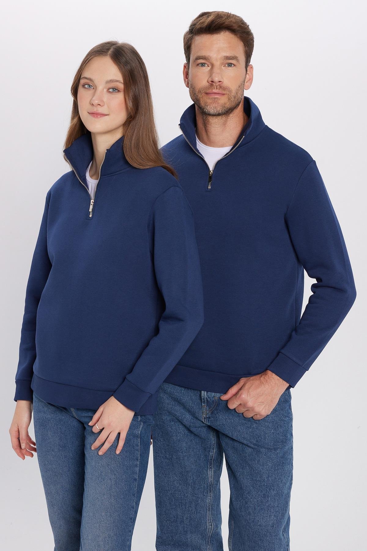 Unisex Relax Fit Rahat Kesim Pamuklu İçi Polarlı Yarım Fermuarlı
