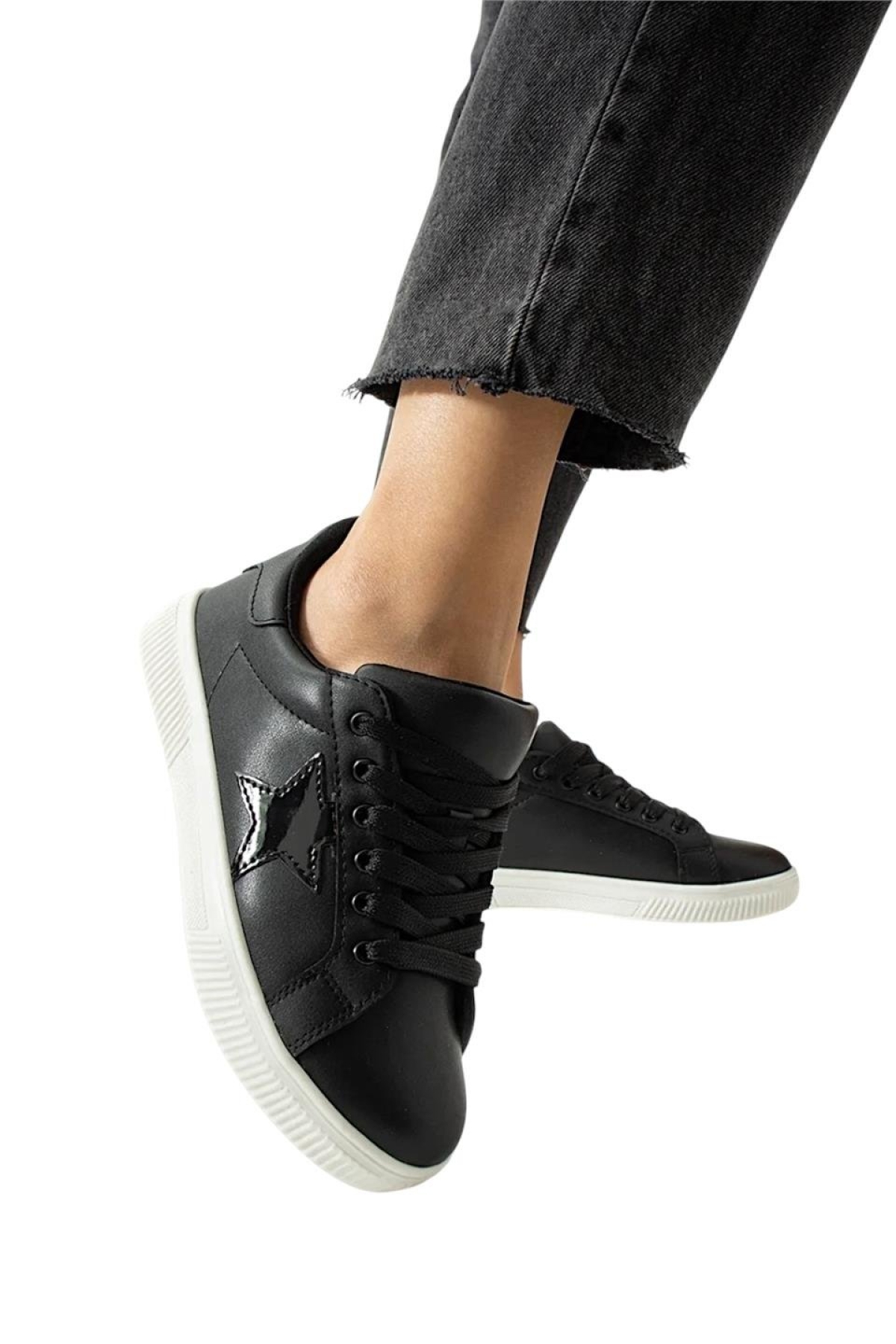 Yıldızlı Spor Kadın Sneaker Ayakkabı SİYAH - BEYAZ - Görsel 2