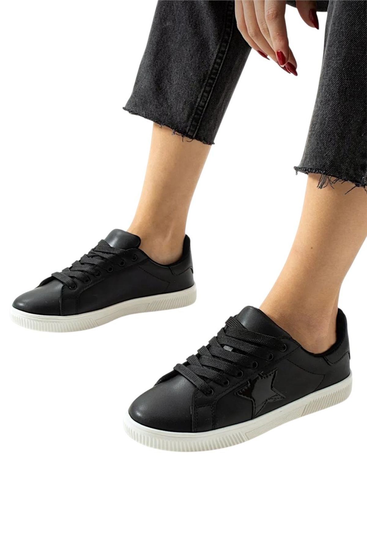 Yıldızlı Spor Kadın Sneaker Ayakkabı SİYAH - BEYAZ - Görsel 4