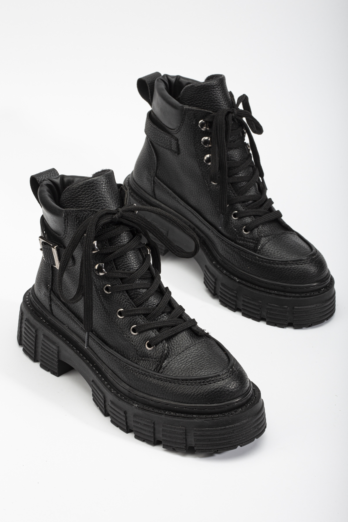 Kadın Kömür Yüksek Poli Taban Yanı Tokalı Bağcıklı Bot - Görsel 3