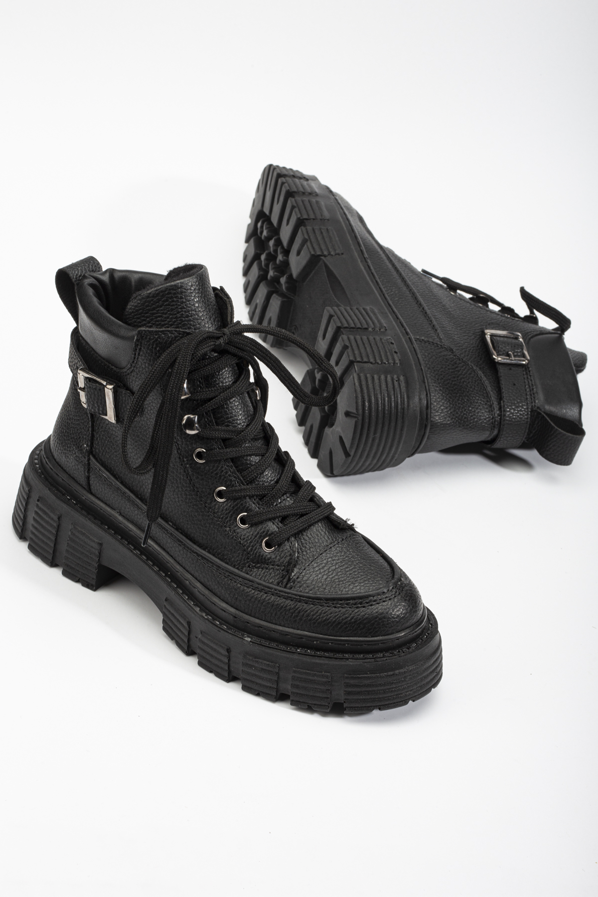 Kadın Kömür Yüksek Poli Taban Yanı Tokalı Bağcıklı Bot - Görsel 4