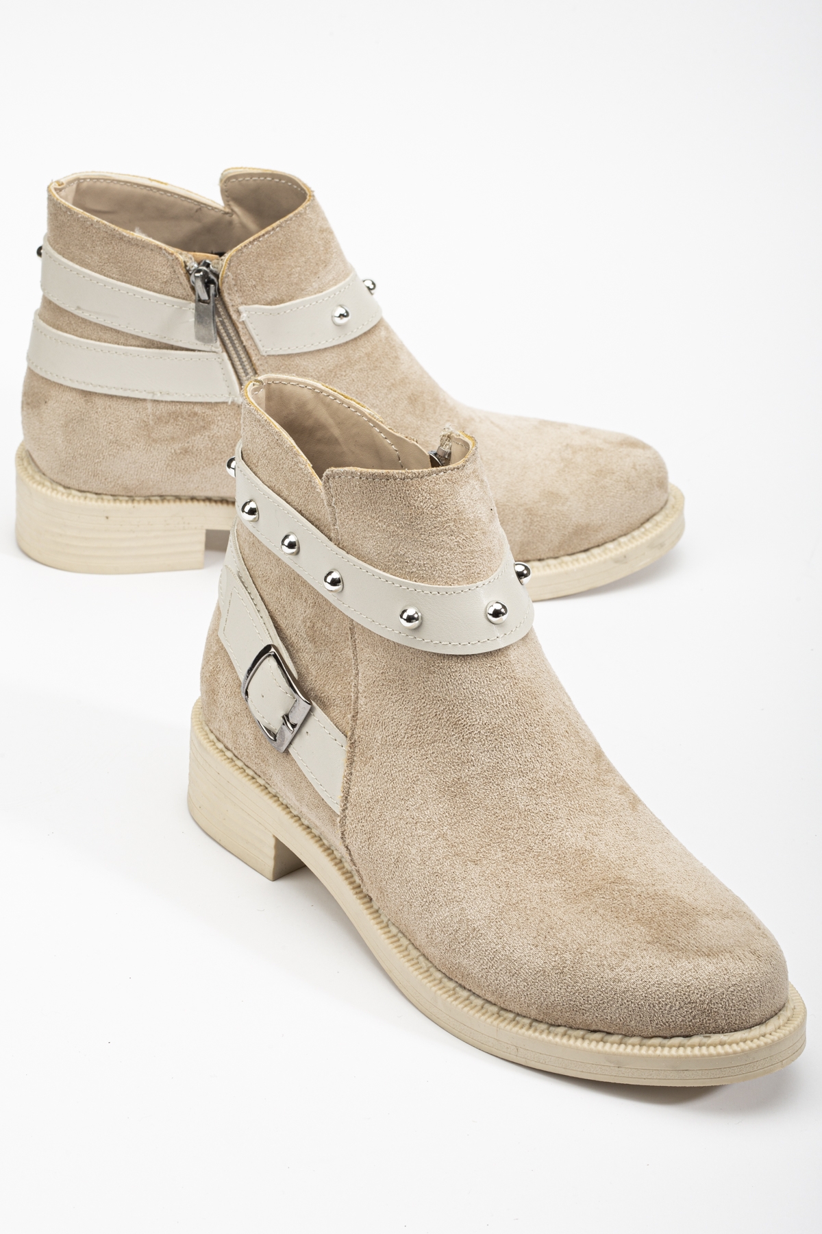 Kadın Ten Süet Termo Taban Tokalı Yanı Fermuarlı Kısa Topuklu Bot - Görsel 3