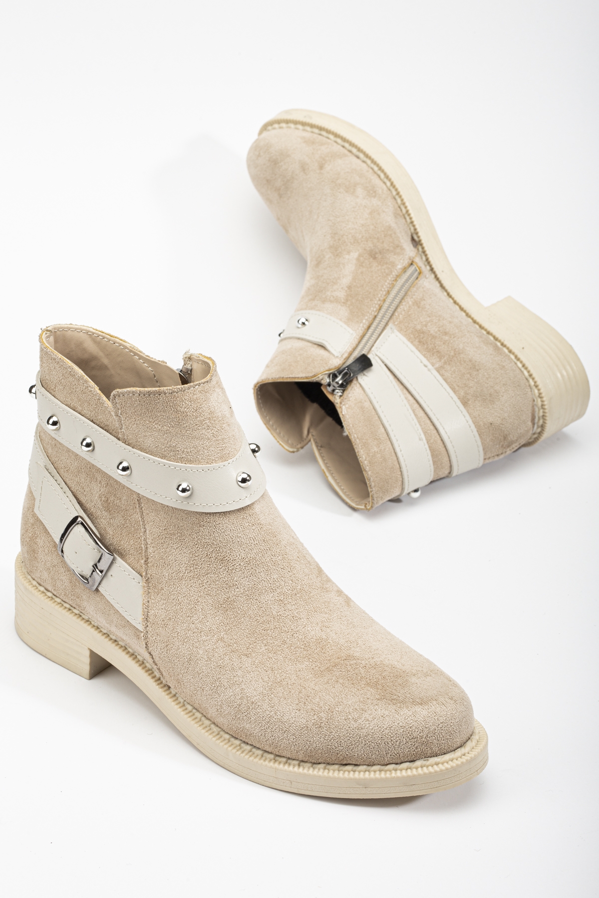 Kadın Ten Süet Termo Taban Tokalı Yanı Fermuarlı Kısa Topuklu Bot - Görsel 4
