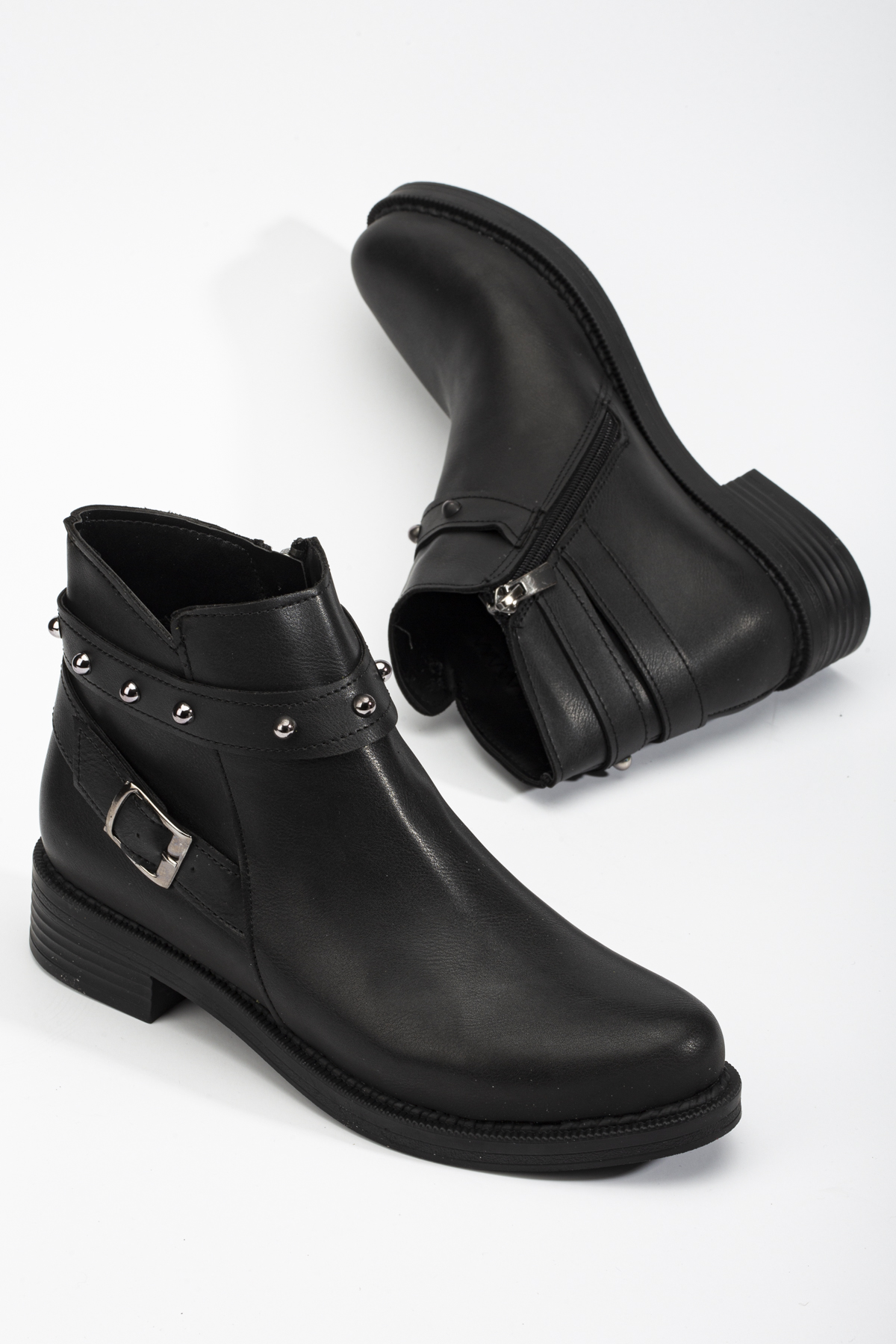 Kadın Siyah Cilt Termo Taban Tokalı Yanı Fermuarlı Kısa Topuklu Bot - Görsel 4