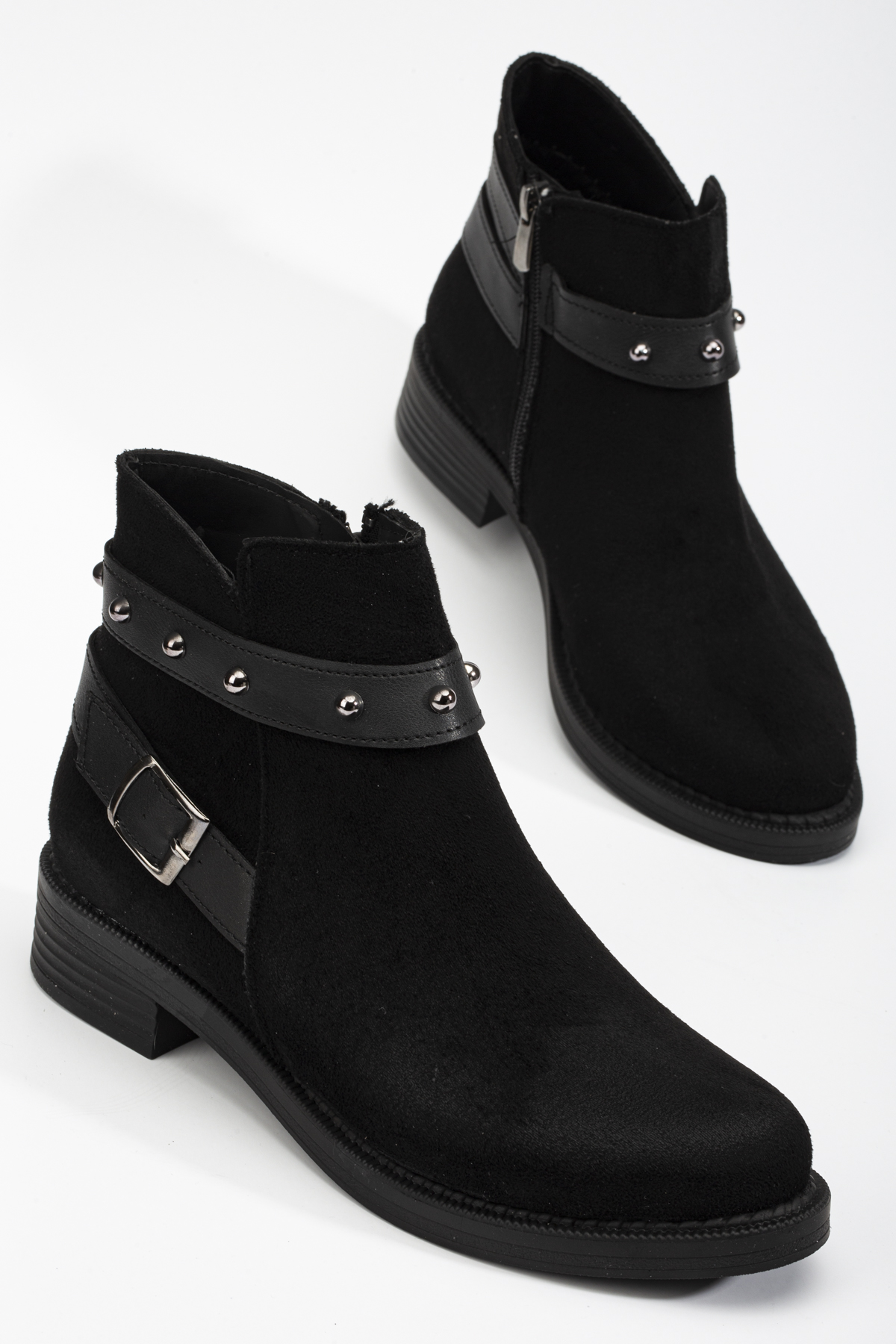 Kadın Siyah Süet Termo Taban Tokalı Yanı Fermuarlı Kısa Topuklu Bot - Görsel 3