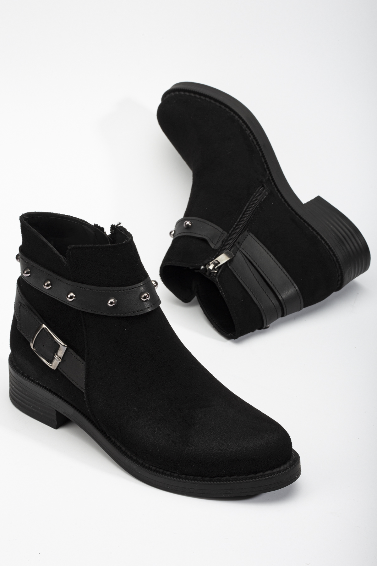 Kadın Siyah Süet Termo Taban Tokalı Yanı Fermuarlı Kısa Topuklu Bot - Görsel 4