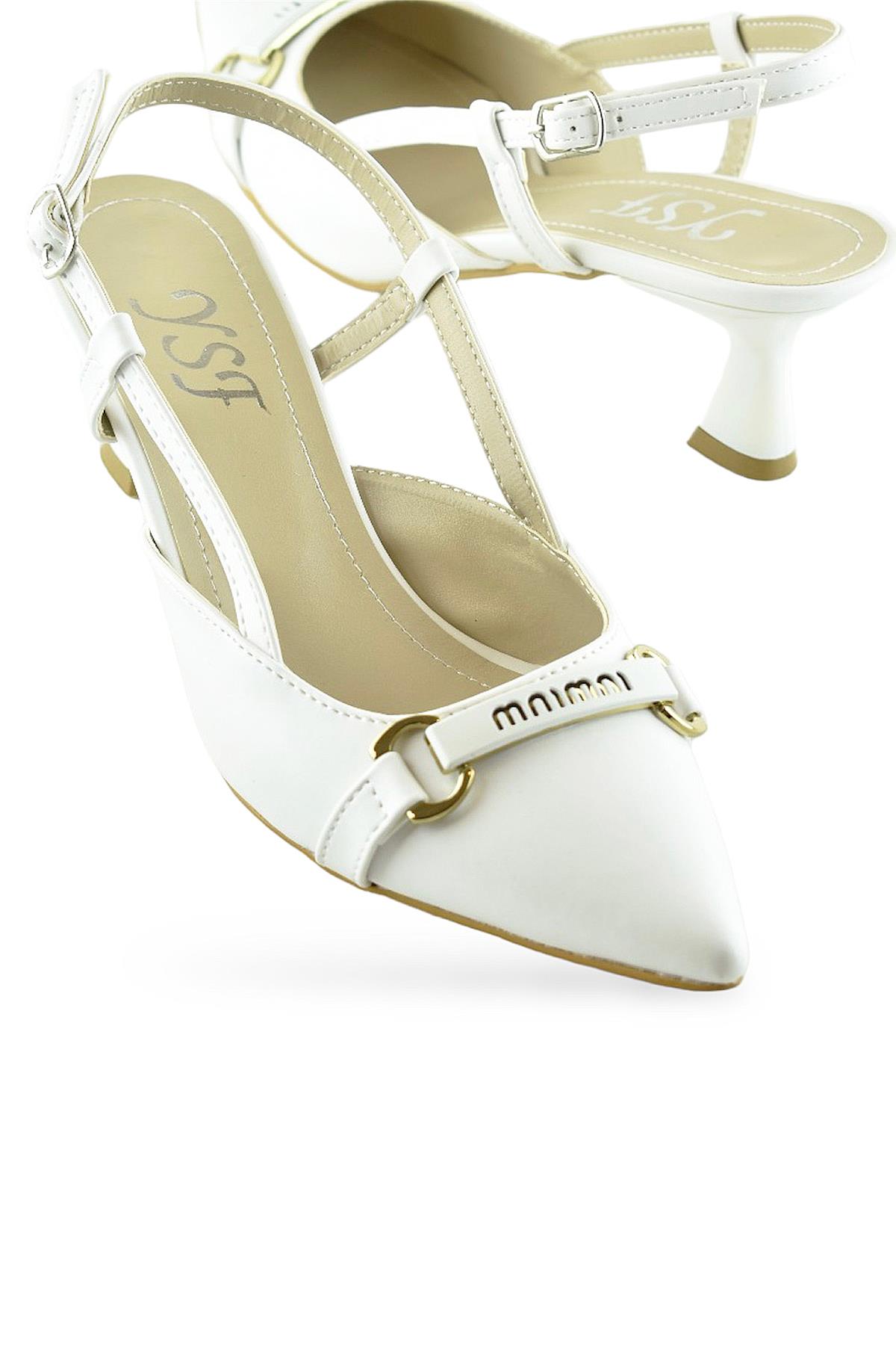 1027 Arkası Açık Kadın Beyaz Topuklu Ayakkabı 5 cm Abiye Düğün Nişan Kına Gecesi - Görsel 5