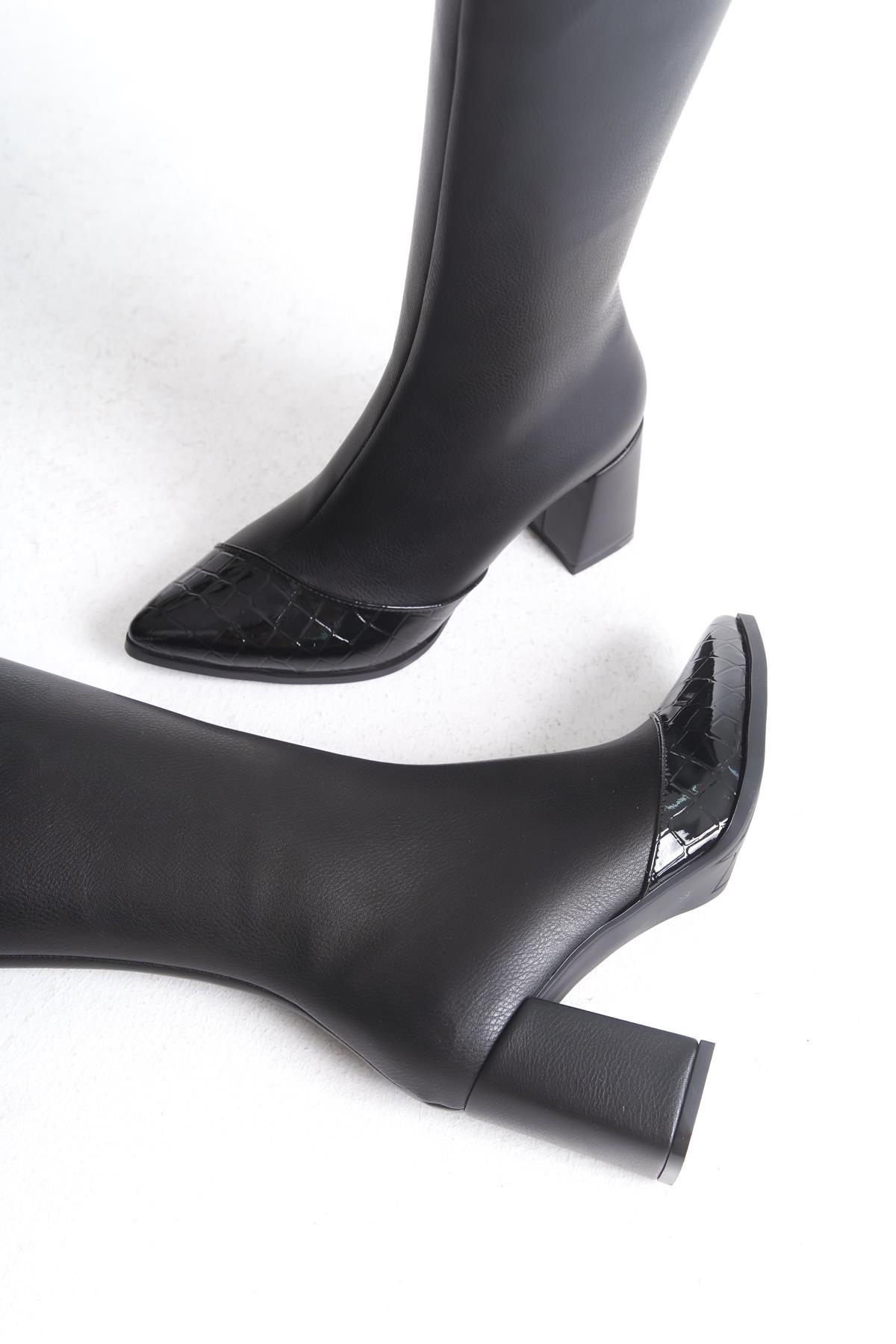 Across Siyah Rugan Kalın Topuklu Sivri Burun Çizme - Görsel 5
