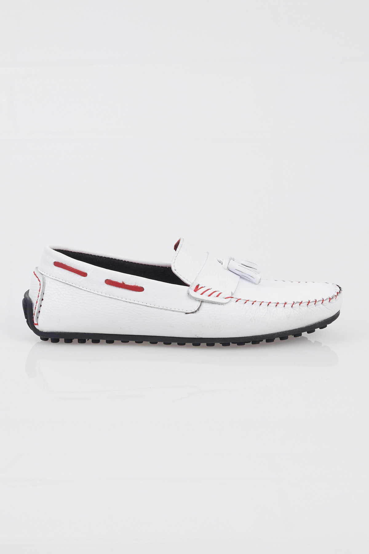 Erkek Beyaz Önü Püskül Detaylı Rahat Kalıp Hakiki Deri Loafer - Görsel 5