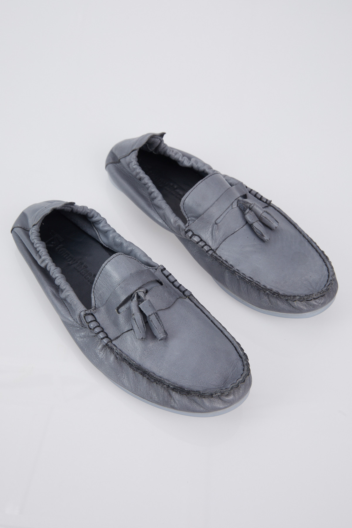 Erkek Gri Önü Püsküllü Arkası Lastikli Rahat Kalıp Hakiki Deri Loafer - Görsel 5