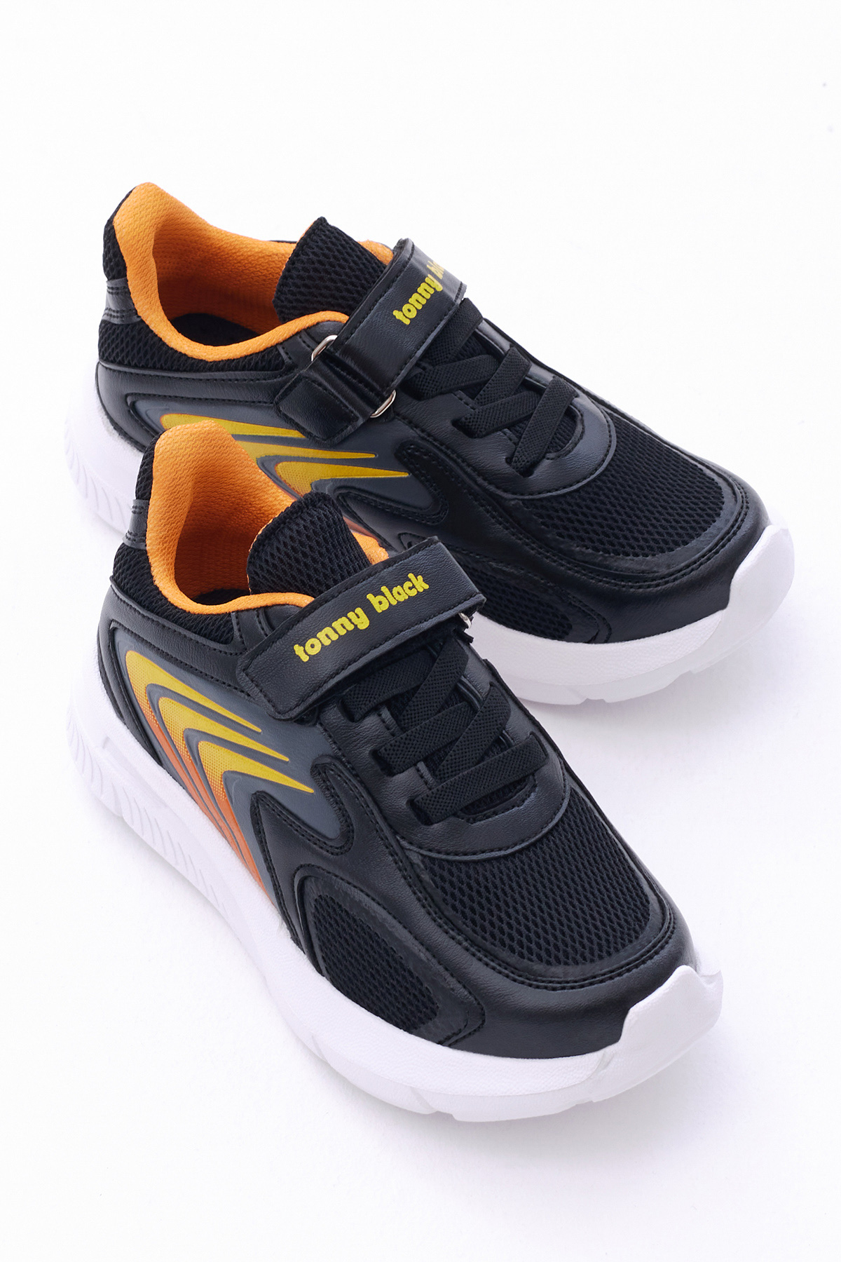 Çocuk Unisex Siyah Oranj Rahat Kalıp Fileli Lastik Bağcıklı Cırtlı Spor Ayakkabı - Görsel 3