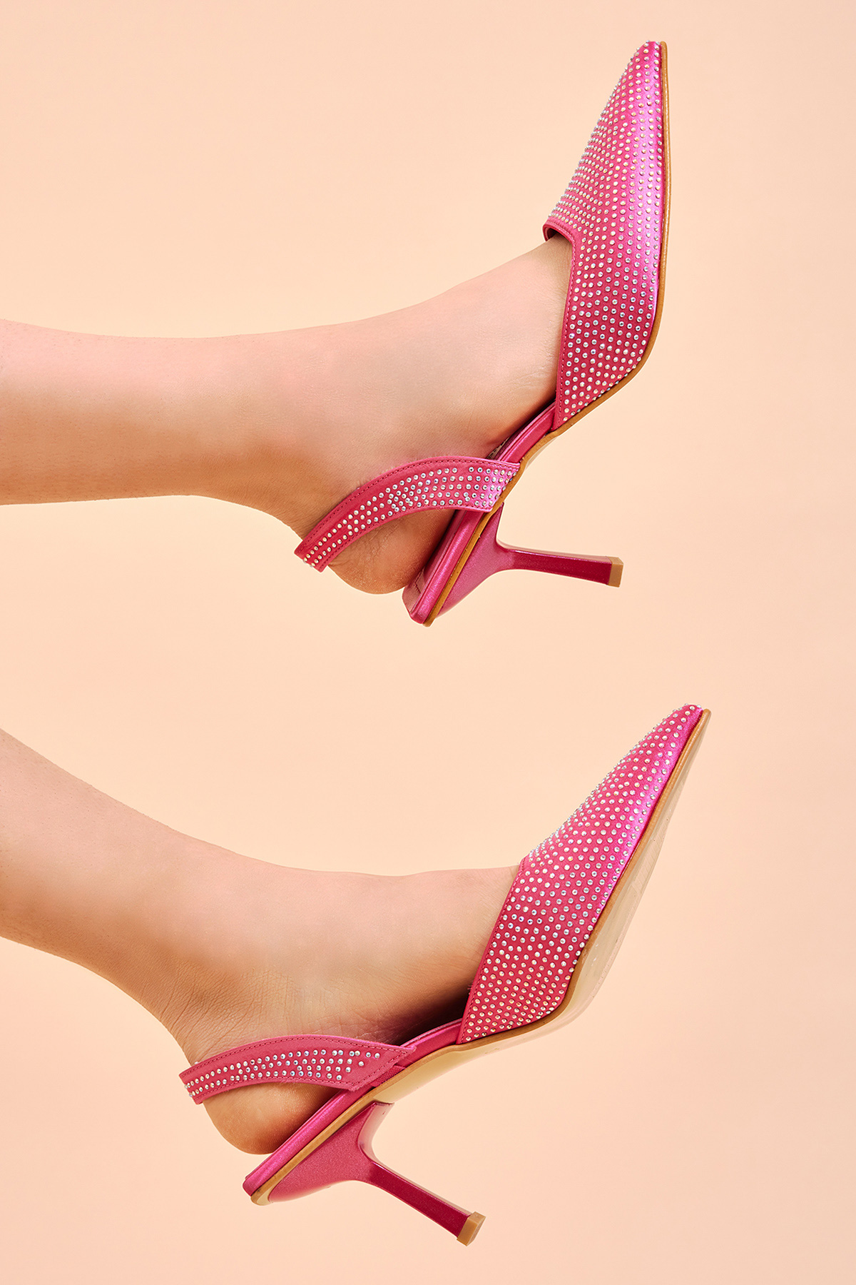 Kadın Fuşya Gecce Serisi Taş İşlemeli Sivri Burunlu Topuklu Ayakkabı - Görsel 3