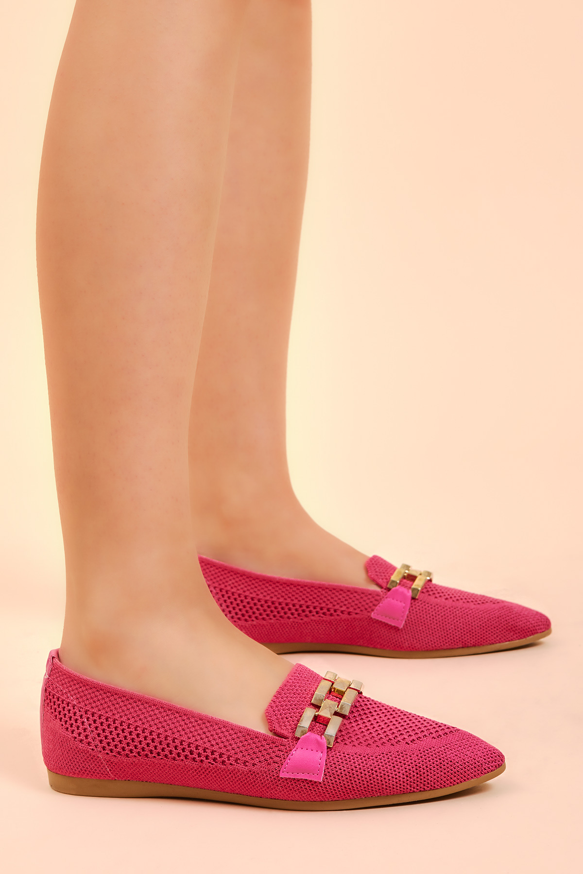 Kadın Fuşya Rahat Kalıp Tokalı Örgü Babet - Görsel 2