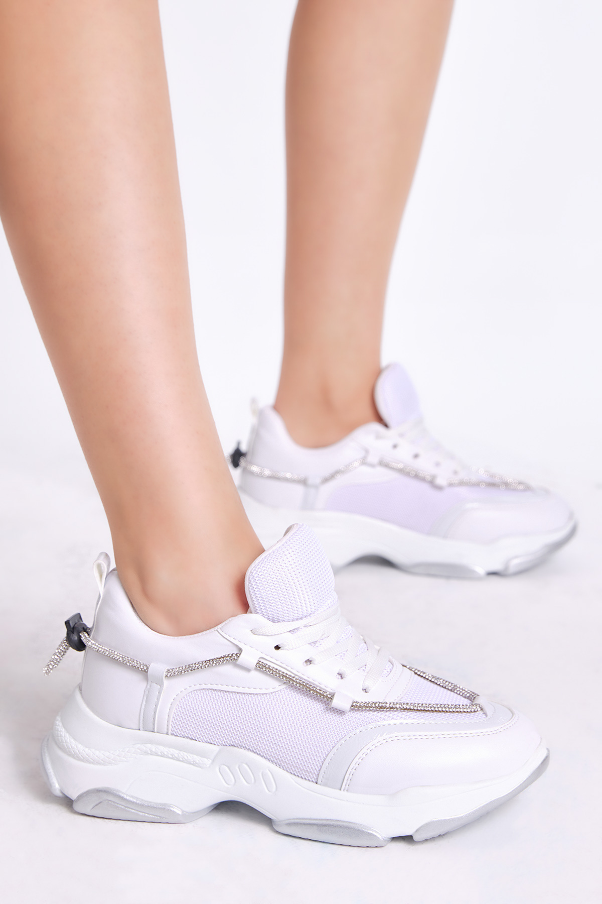 Kadın Beyaz Taş Şeritl Bağcıklı Sneaker - Görsel 2