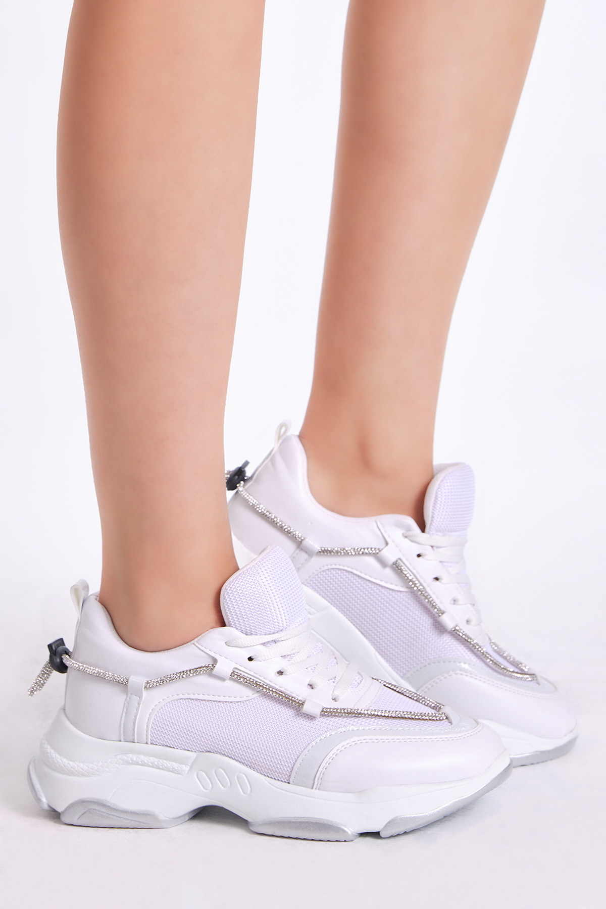 Kadın Beyaz Taş Şeritl Bağcıklı Sneaker - Görsel 4