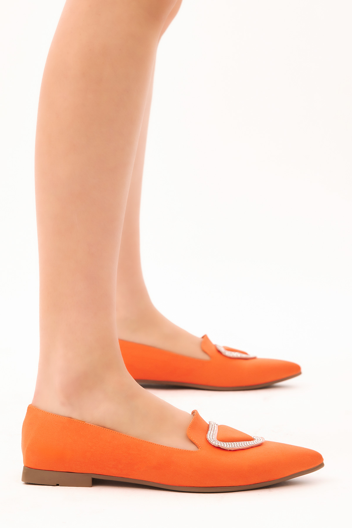 Kadın Oranj Taş İşlemeli Üçgen Tokalı Sivri Burunlu Babet - Görsel 3