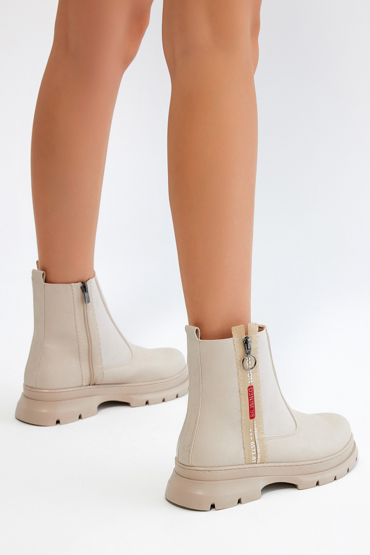 Kadın Ten Cilt Kalın Termo Taban Çift Fermuarlı Lastikli Bot - Görsel 5