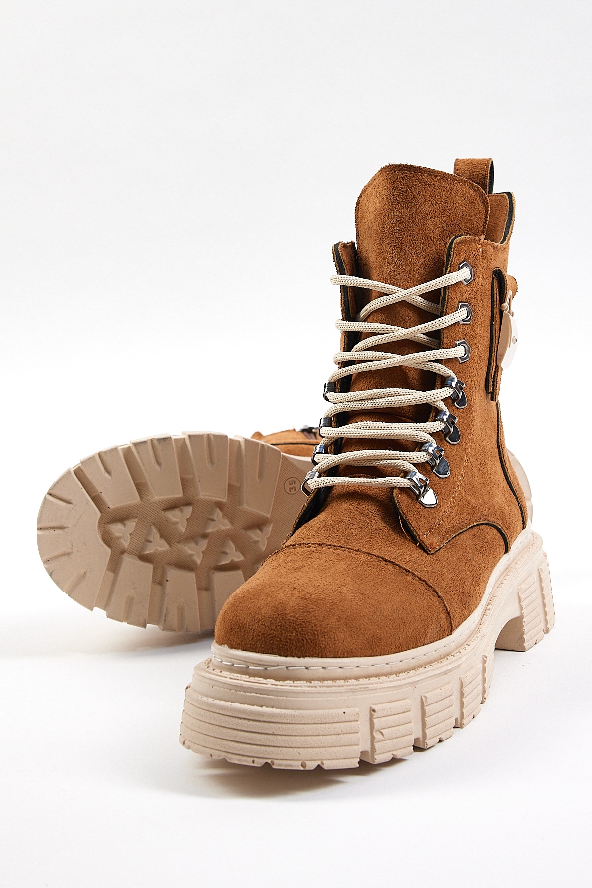 Kadın Taba Süet Rahat Kalıp Yüksek Taban Tokalı Bağcıklı ve Fermuarlı Bot - Görsel 3