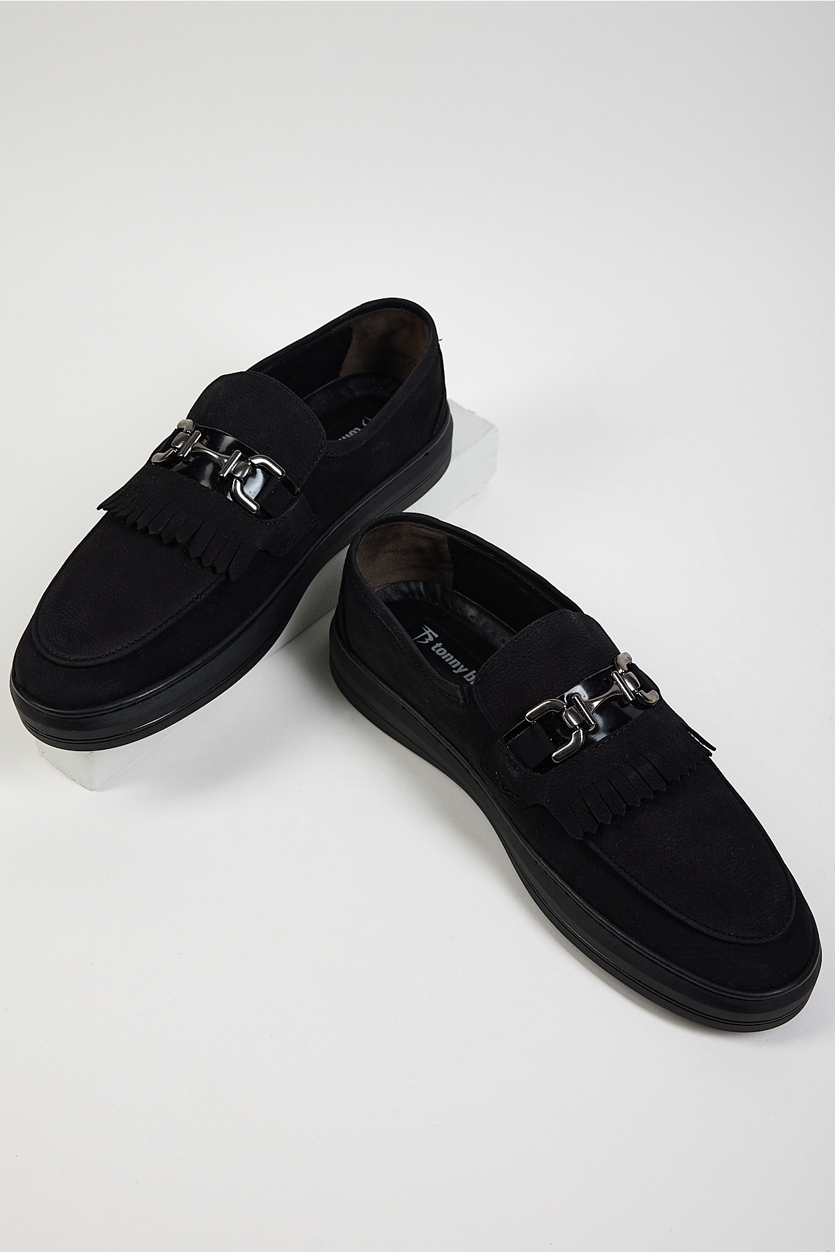 Erkek Siyah Süet Rahat Kalıp Hakiki Deri Püsküllü Tokalı Loafer - Görsel 5
