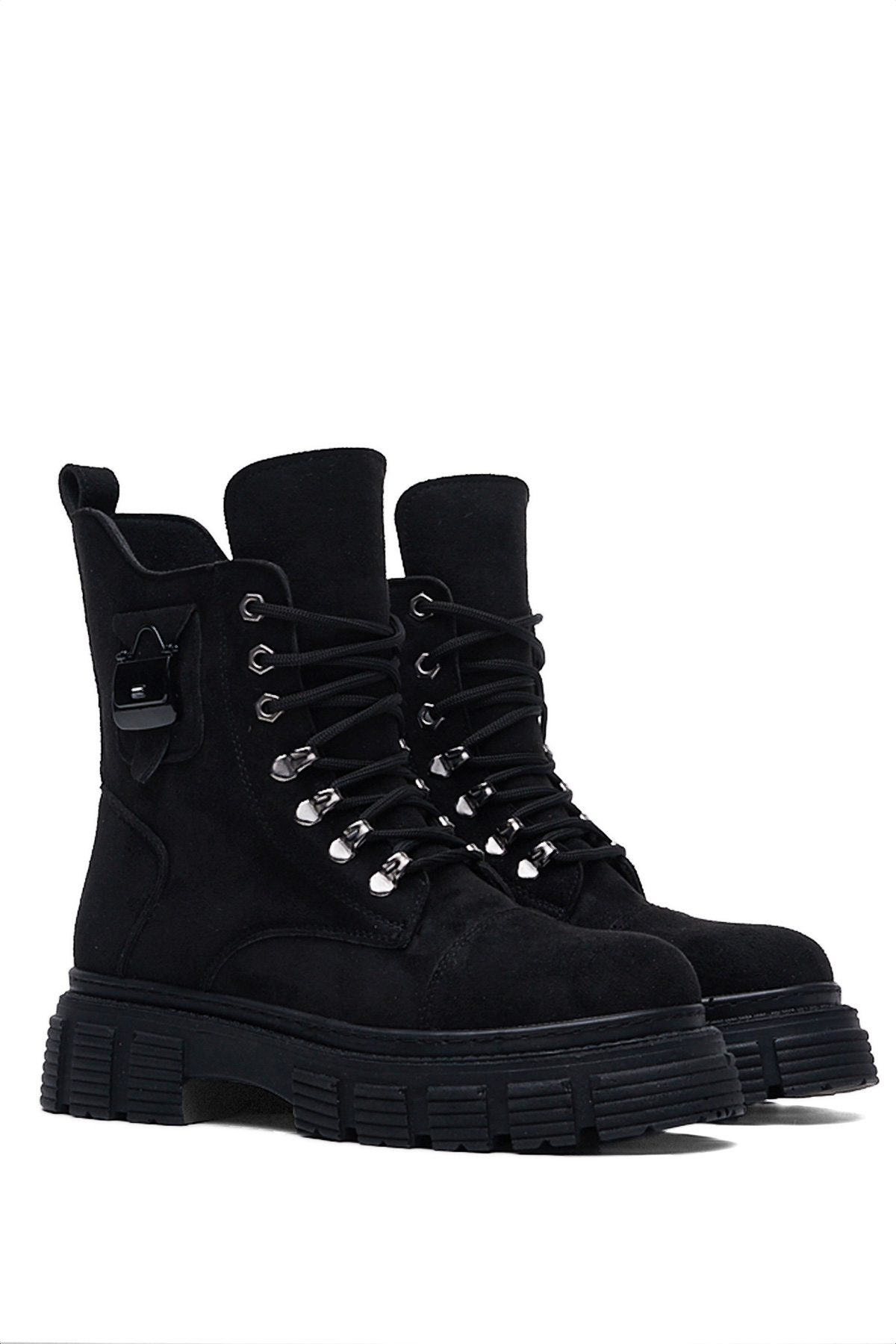 Kadın Siyah Süet Rahat Kalıp Yüksek Taban Tokalı Bağcıklı ve Fermuarlı Bot - Görsel 6