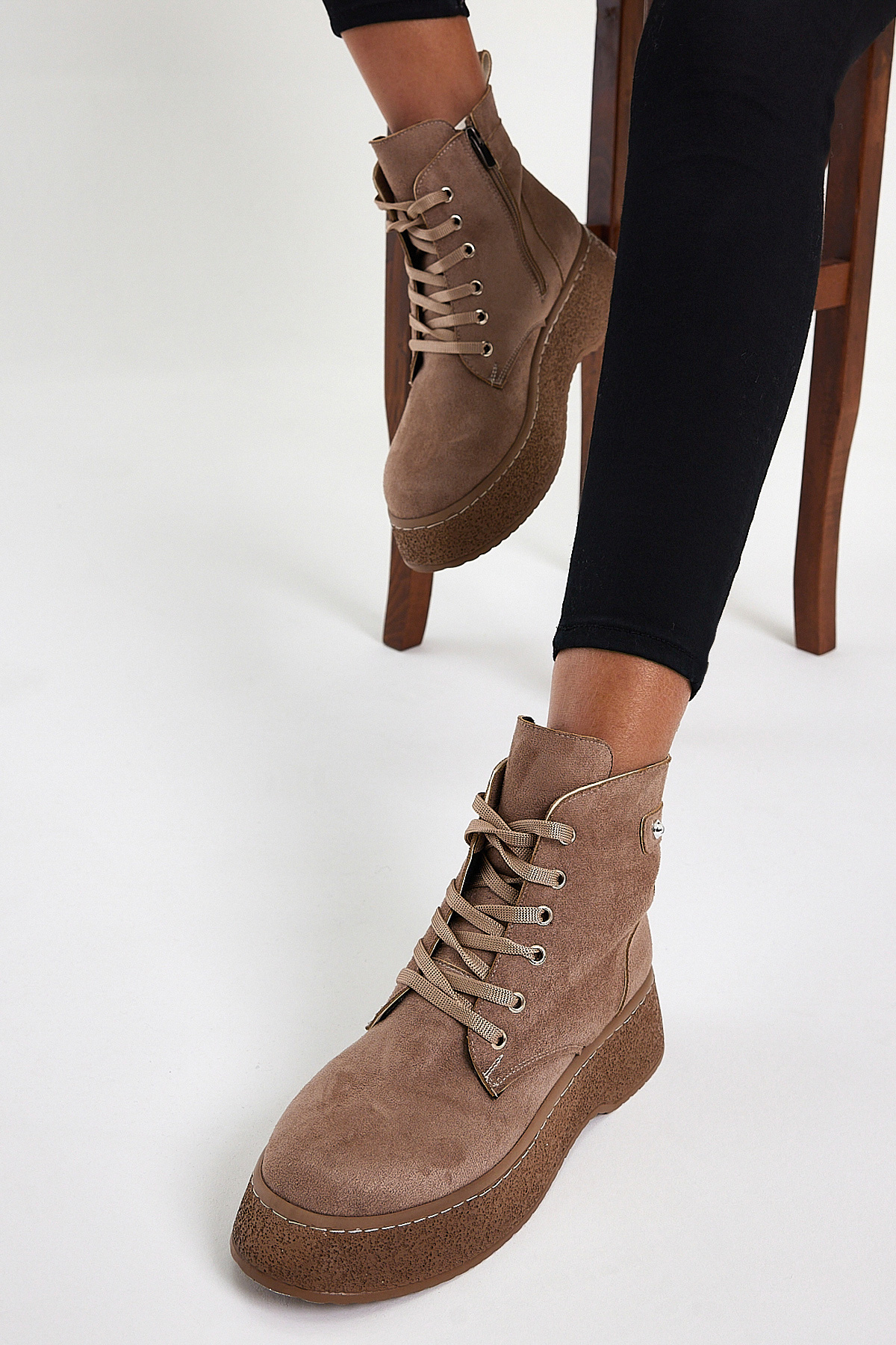 Kadın Vizon Süet Yüksek Poli Taban Bağcıklı Süet Bot - Görsel 2