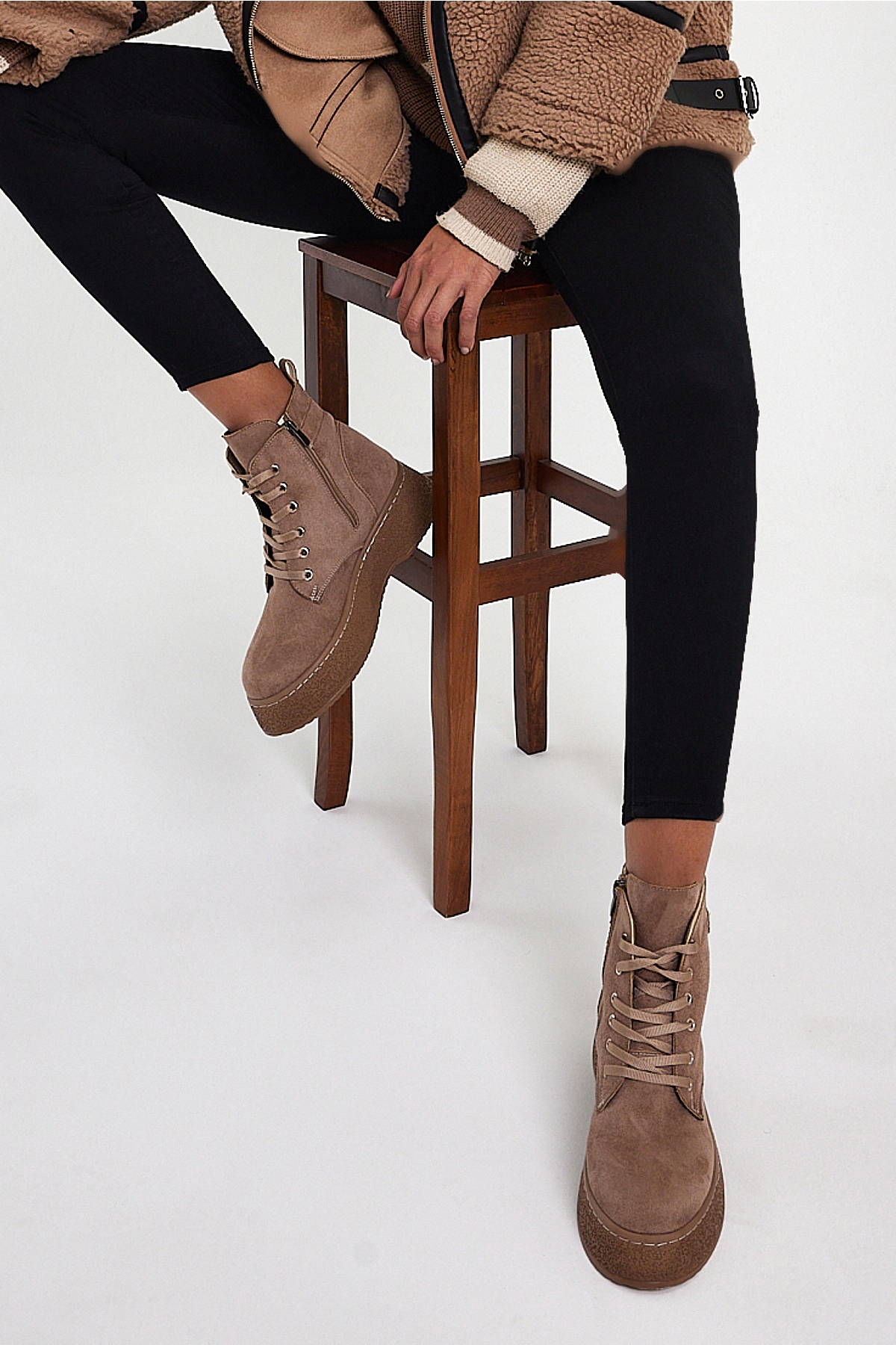 Kadın Vizon Süet Yüksek Poli Taban Bağcıklı Süet Bot - Görsel 6