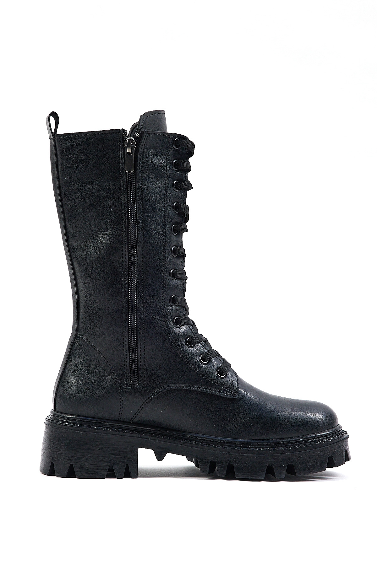 Kadın Siyah Cilt Rahat Kalıp Bağcıklı ve Fermuarlı Uzun Bot - Görsel 2