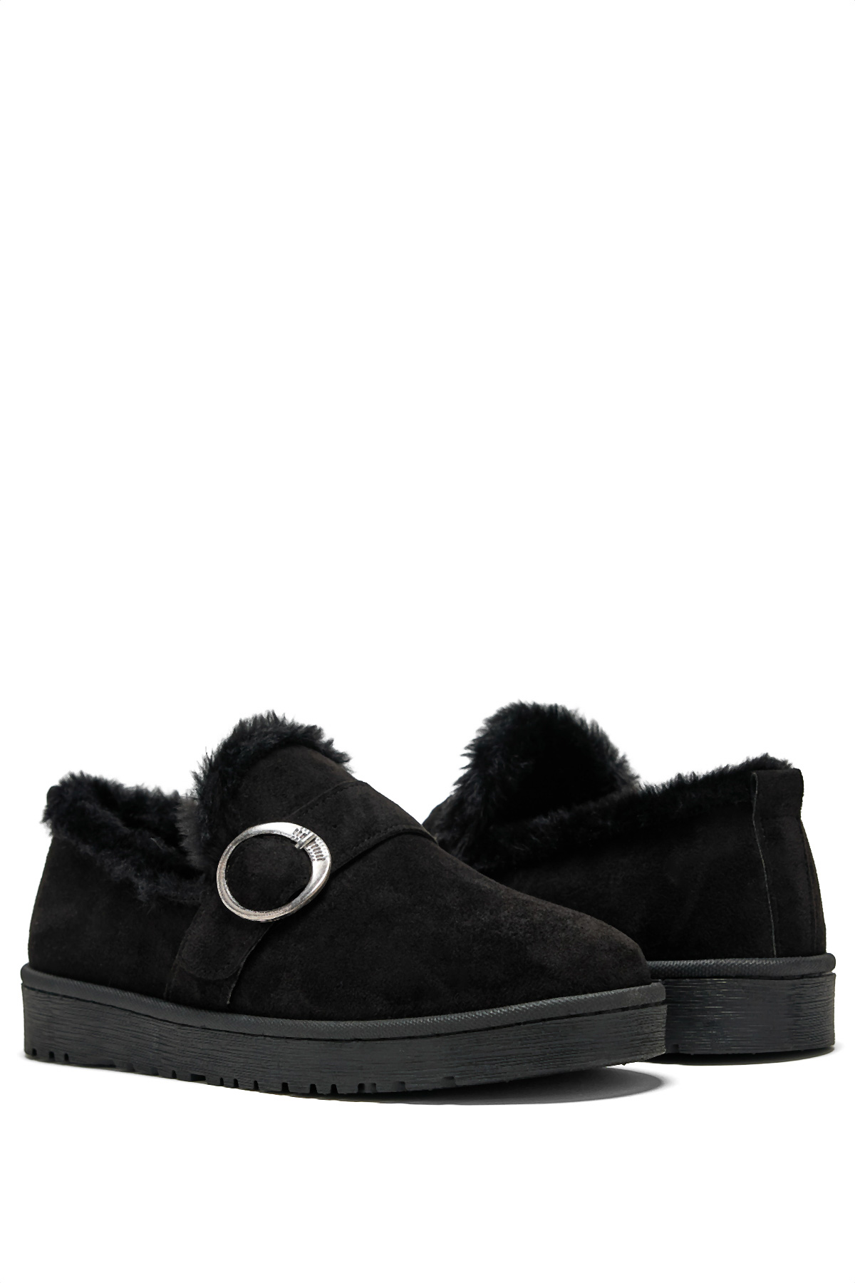 Kadın Siyah Süet Rahat Kalıp İçi Kürklü Tokalı Kısa Bot - Görsel 2