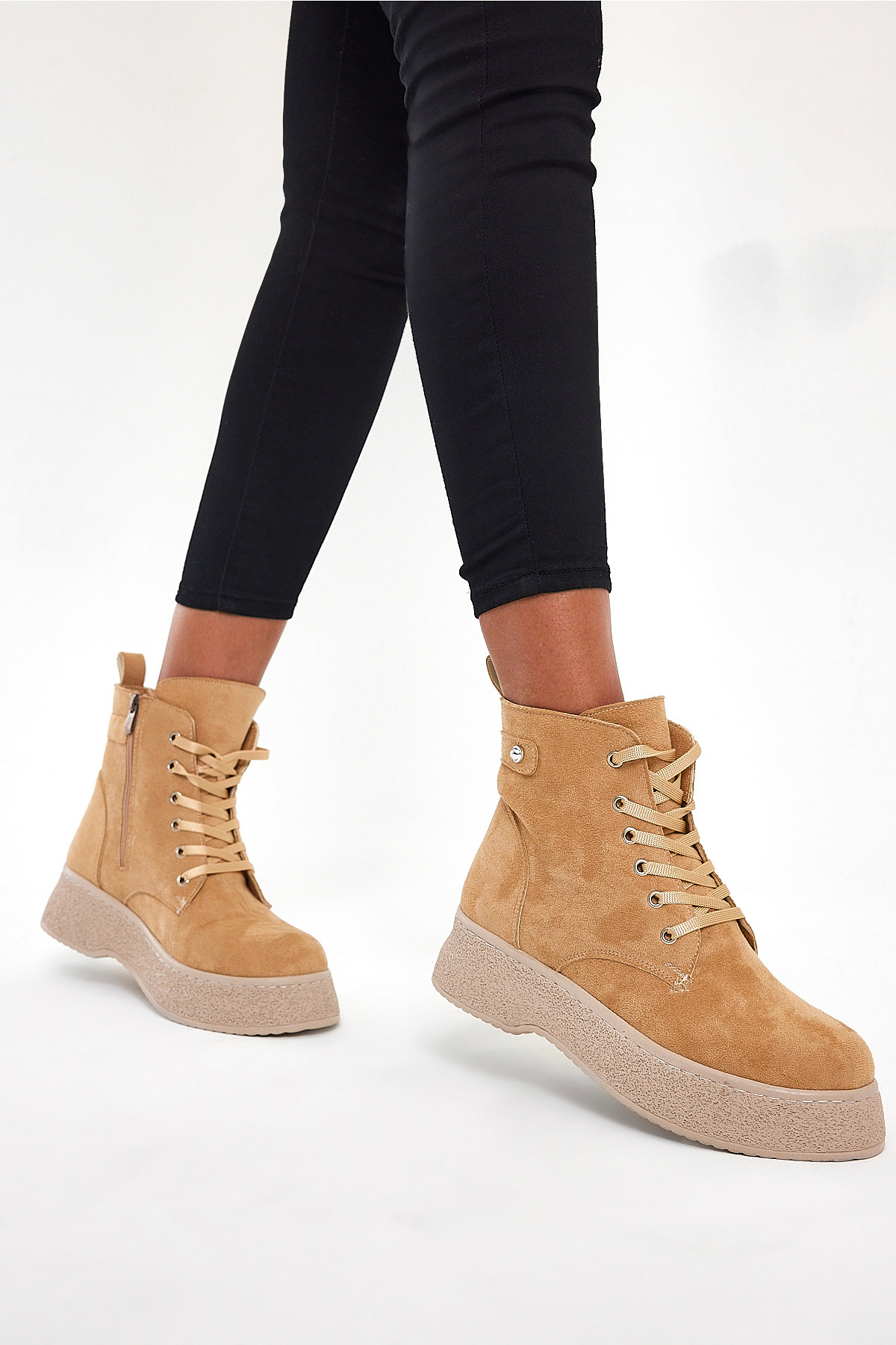 Kadın Nude Süet Yüksek Poli Taban Bağcıklı Süet Bot - Görsel 3